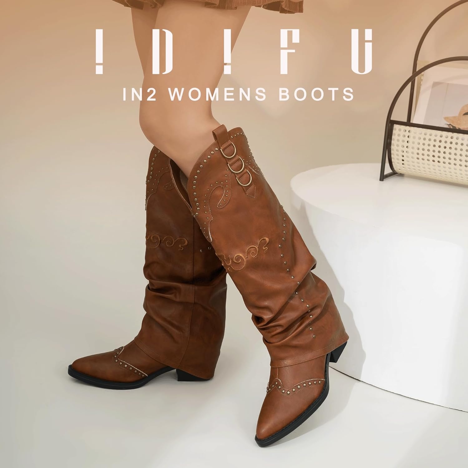 image:imageIDIFU IN2 Fold Over Cowboy Boots for Women Cowgirl Knee High Western Embroidered Pointed Toe Slouchy Low Short Block Chunky Heel Zipper Comfort Fashion Cute Trendy Prom Dressy Fall BootsBrown Pu