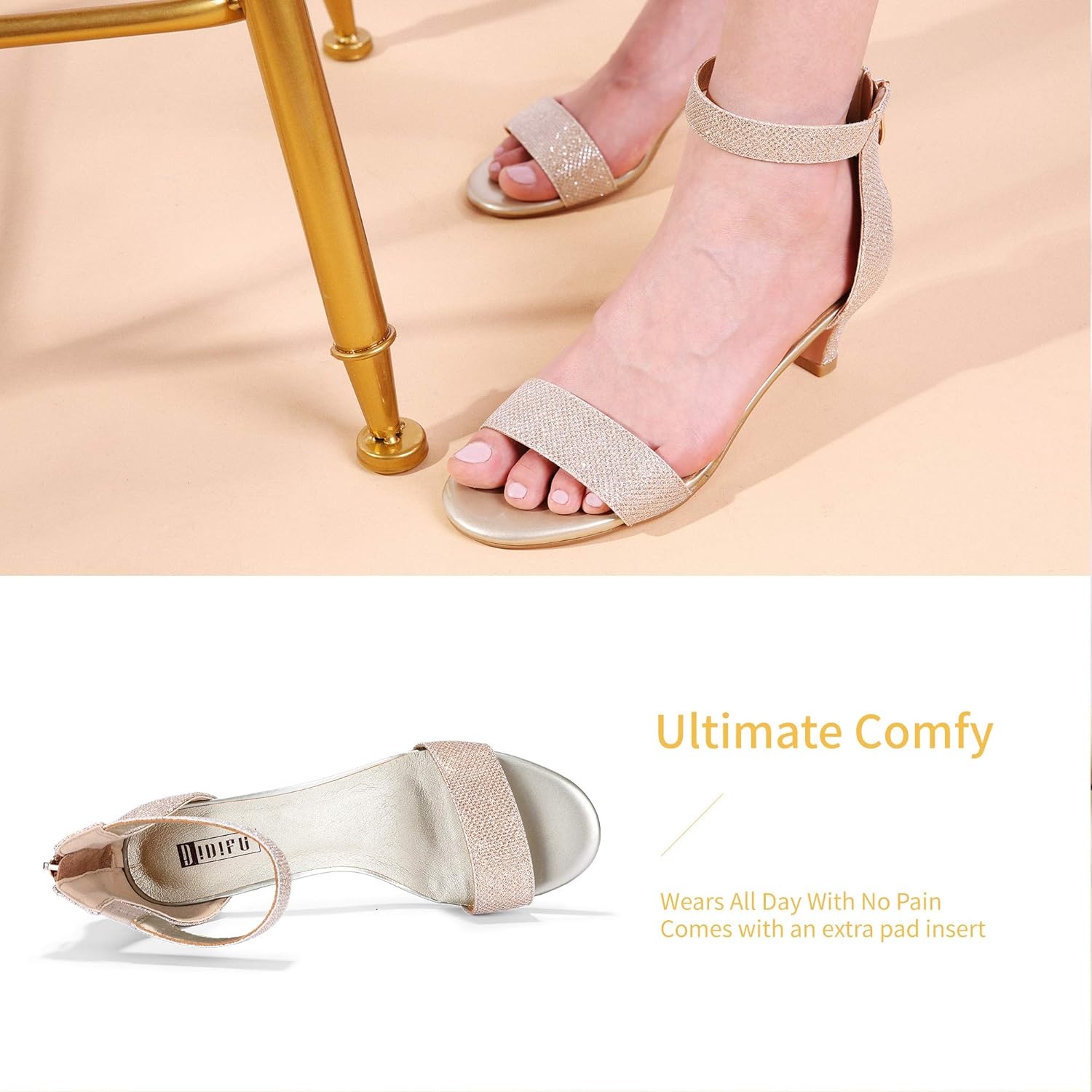 image:imageIDIFU IN2 Kitten Heels for Women Low Open Toe Ankle Strap Heeled Sandals Wedding Bridal Evening Prom Party Dress Shoes Womens HeelsIn2 Gold Glitter