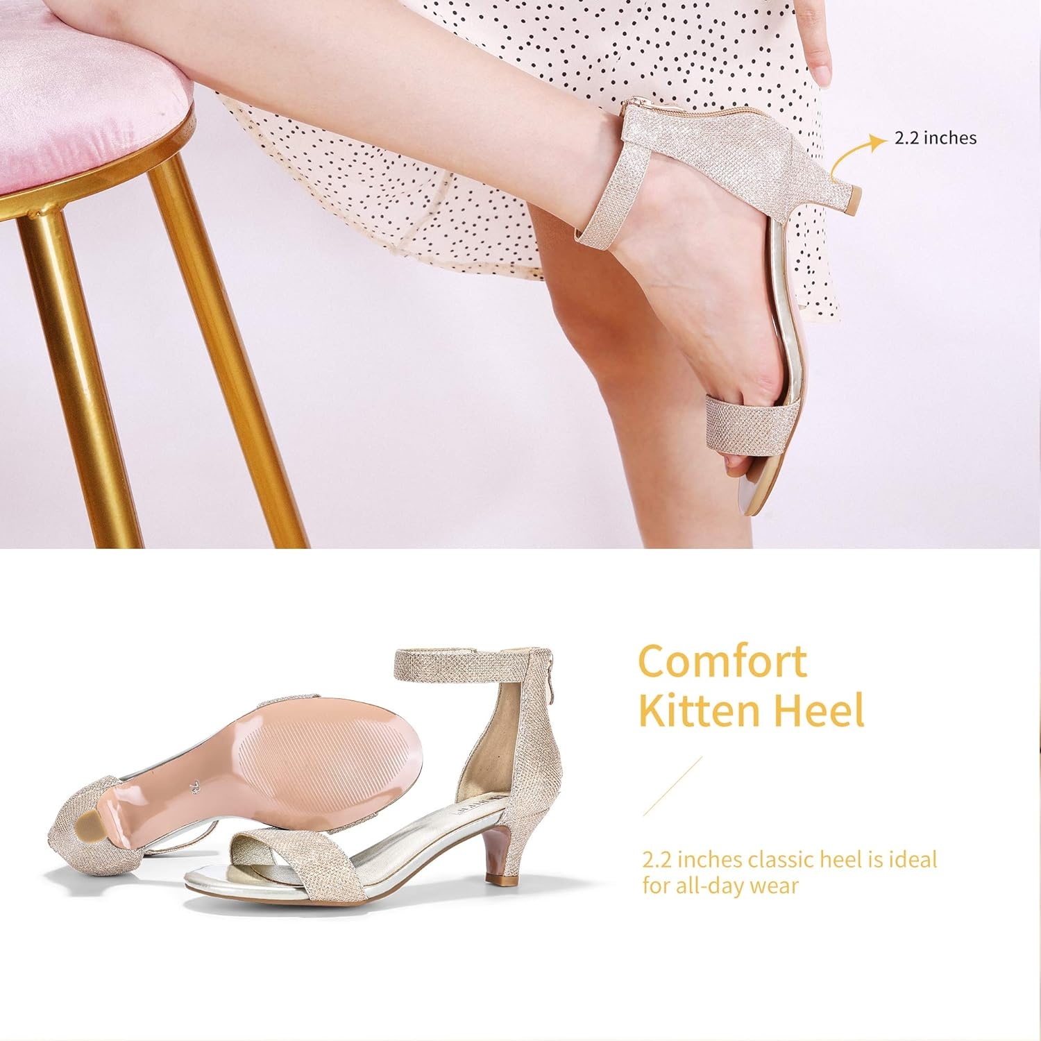 image:imageIDIFU IN2 Kitten Heels for Women Low Open Toe Ankle Strap Heeled Sandals Wedding Bridal Evening Prom Party Dress Shoes Womens HeelsIn2 Gold Glitter