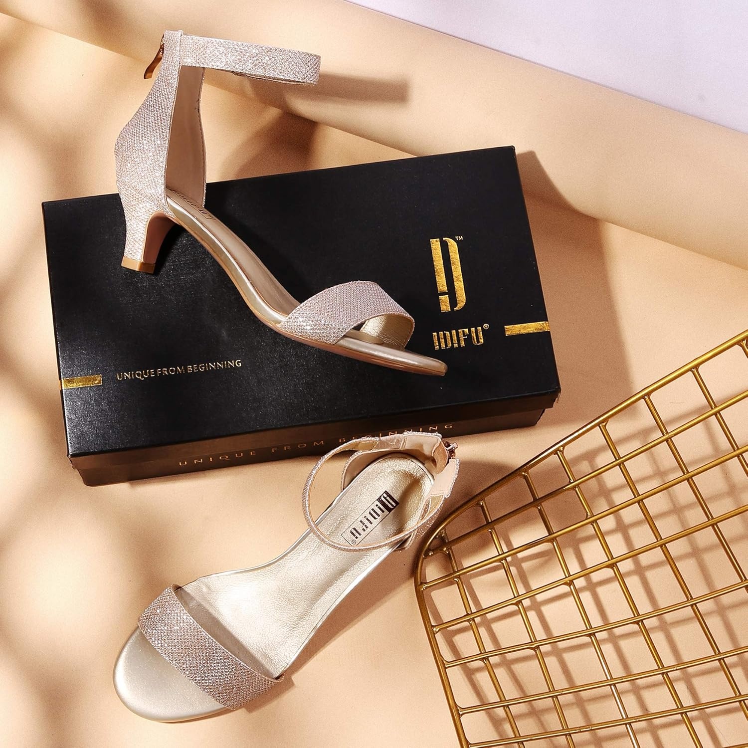 image:imageIDIFU IN2 Kitten Heels for Women Low Open Toe Ankle Strap Heeled Sandals Wedding Bridal Evening Prom Party Dress Shoes Womens HeelsIn2 Gold Glitter