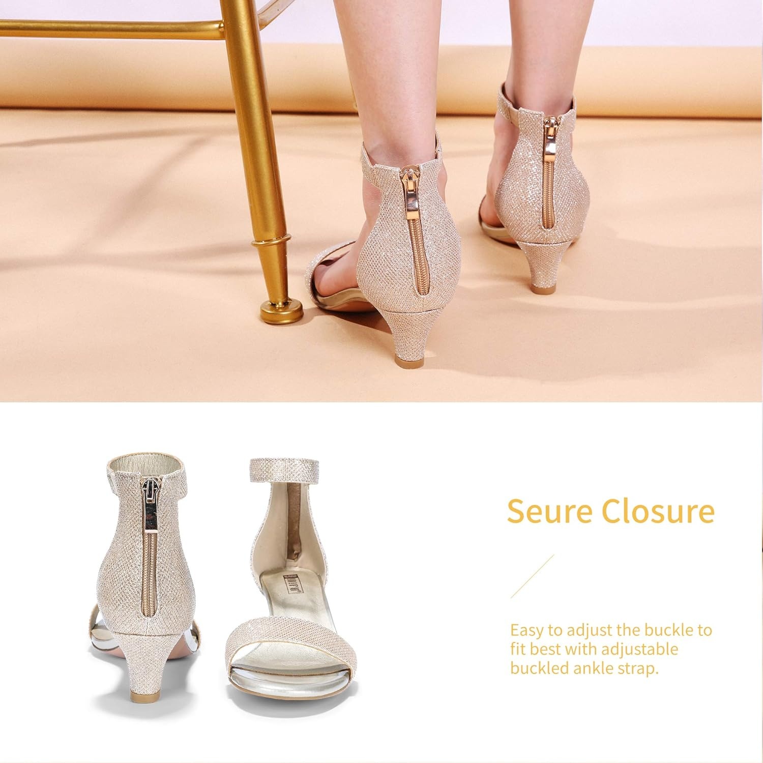 image:imageIDIFU IN2 Kitten Heels for Women Low Open Toe Ankle Strap Heeled Sandals Wedding Bridal Evening Prom Party Dress Shoes Womens HeelsIn2 Gold Glitter