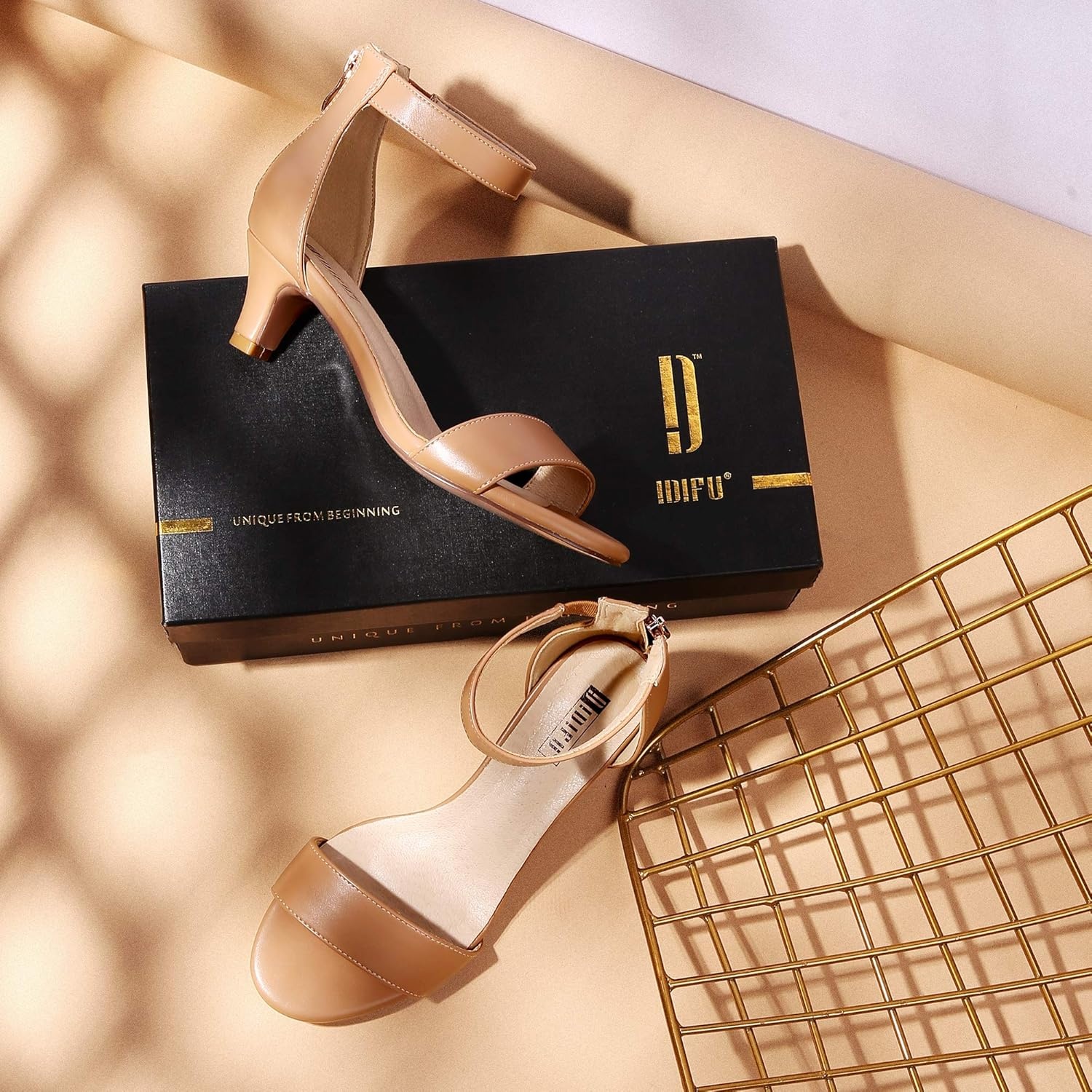 image:imageIDIFU IN2 Kitten Heels for Women Low Open Toe Ankle Strap Heeled Sandals Wedding Bridal Evening Prom Party Dress Shoes Womens HeelsIn2 Nude Pu