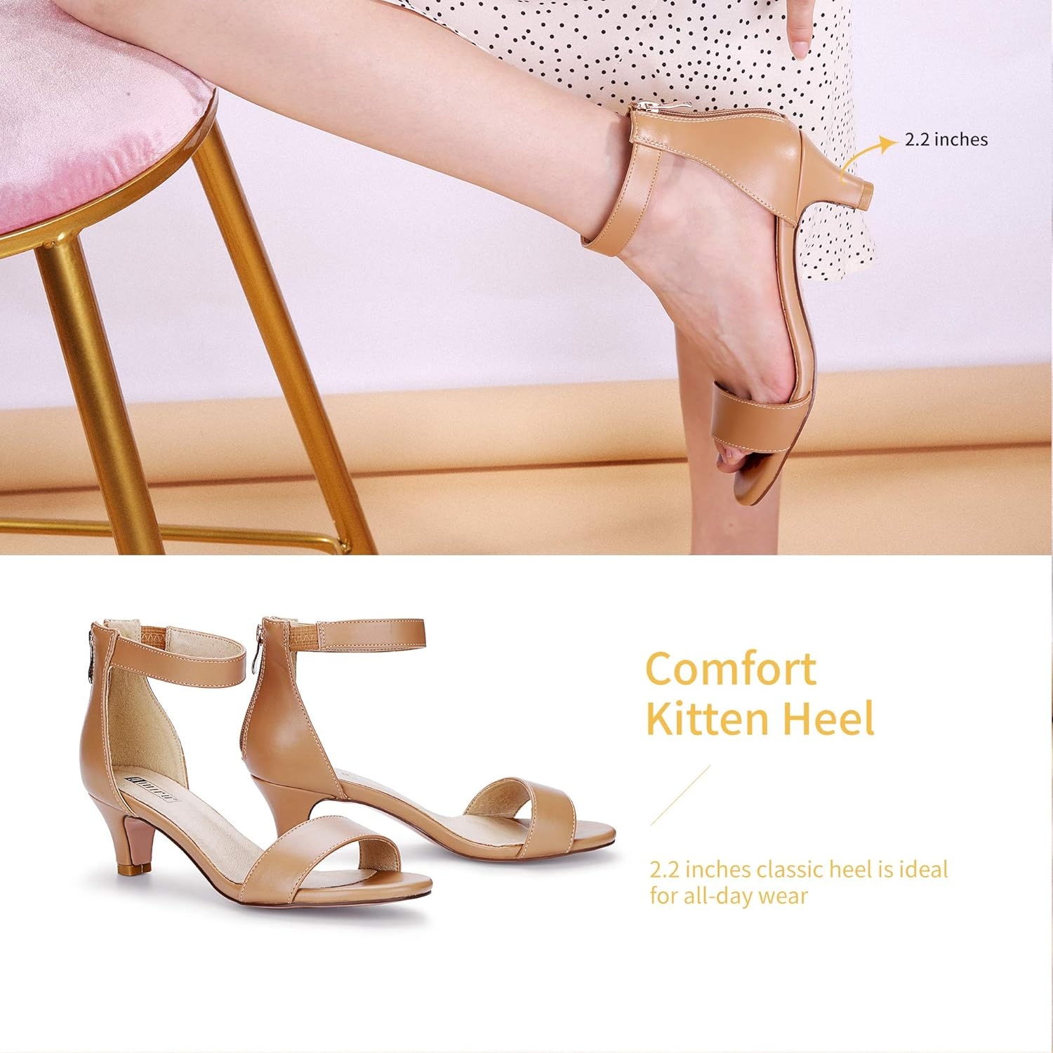 image:imageIDIFU IN2 Kitten Heels for Women Low Open Toe Ankle Strap Heeled Sandals Wedding Bridal Evening Prom Party Dress Shoes Womens HeelsIn2 Nude Pu