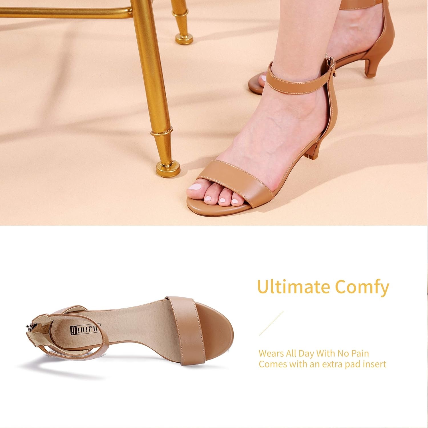 image:imageIDIFU IN2 Kitten Heels for Women Low Open Toe Ankle Strap Heeled Sandals Wedding Bridal Evening Prom Party Dress Shoes Womens HeelsIn2 Nude Pu