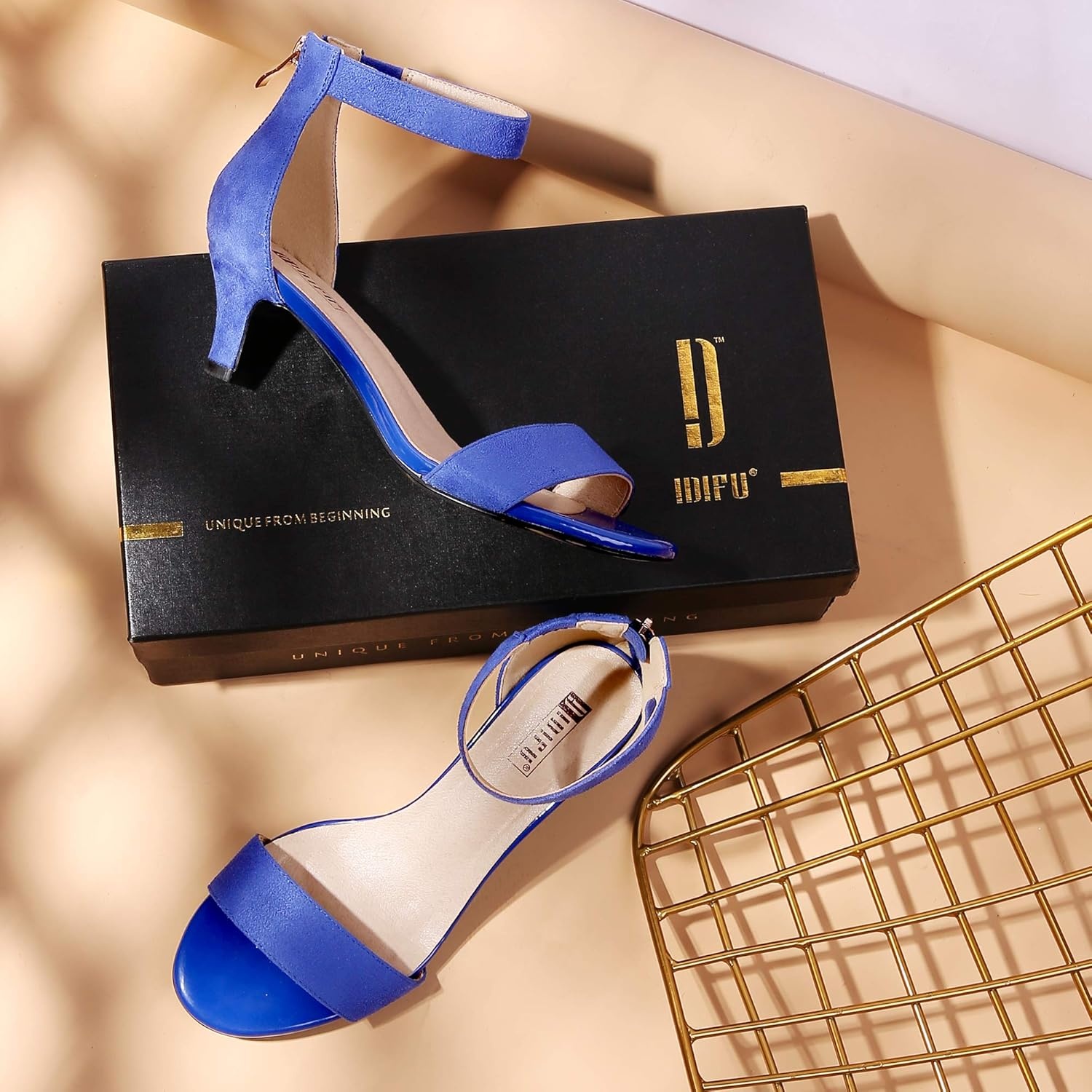 image:imageIDIFU IN2 Kitten Heels for Women Low Open Toe Ankle Strap Heeled Sandals Wedding Bridal Evening Prom Party Dress Shoes Womens HeelsIn2 Royal Blue Suede