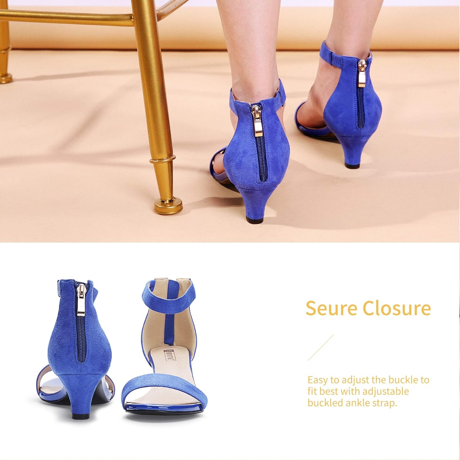 image:imageIDIFU IN2 Kitten Heels for Women Low Open Toe Ankle Strap Heeled Sandals Wedding Bridal Evening Prom Party Dress Shoes Womens HeelsIn2 Royal Blue Suede