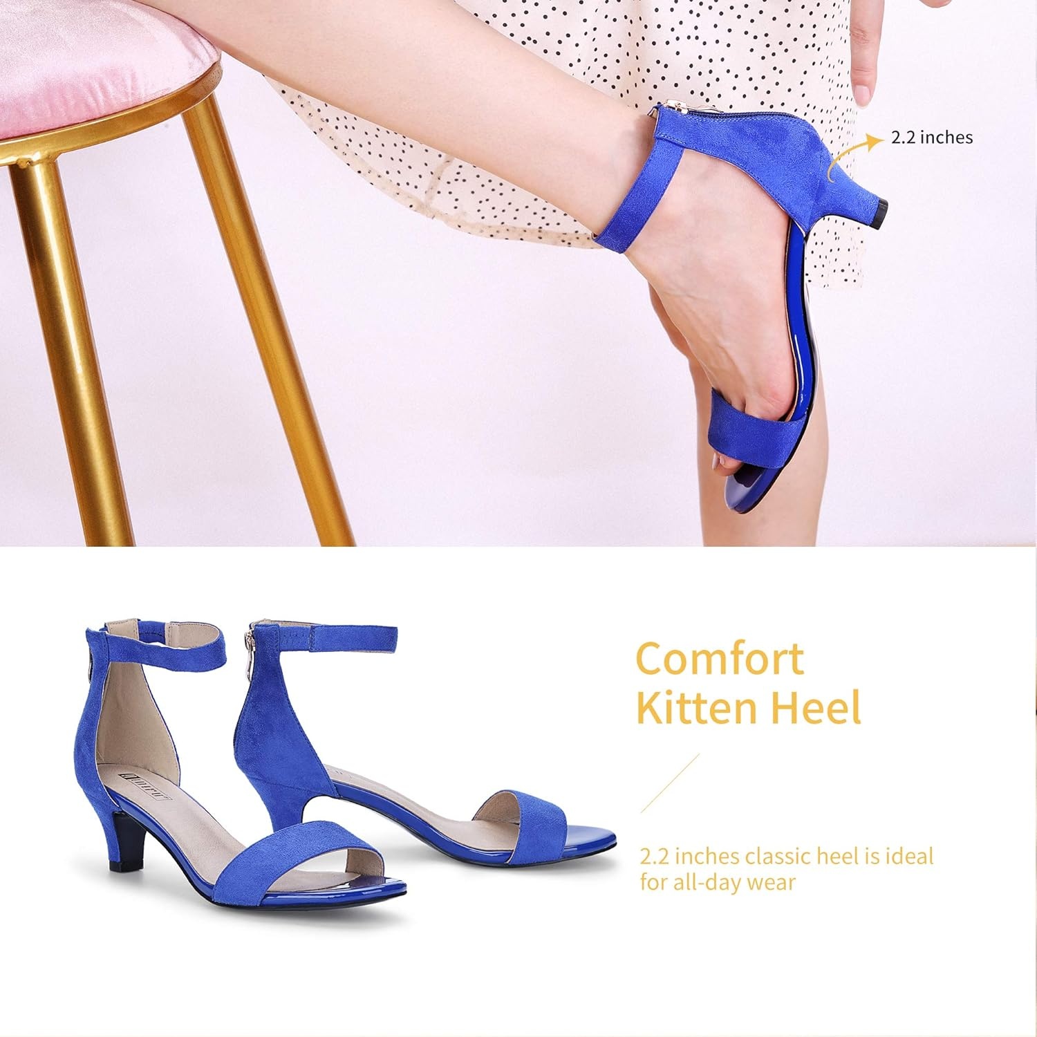 image:imageIDIFU IN2 Kitten Heels for Women Low Open Toe Ankle Strap Heeled Sandals Wedding Bridal Evening Prom Party Dress Shoes Womens HeelsIn2 Royal Blue Suede