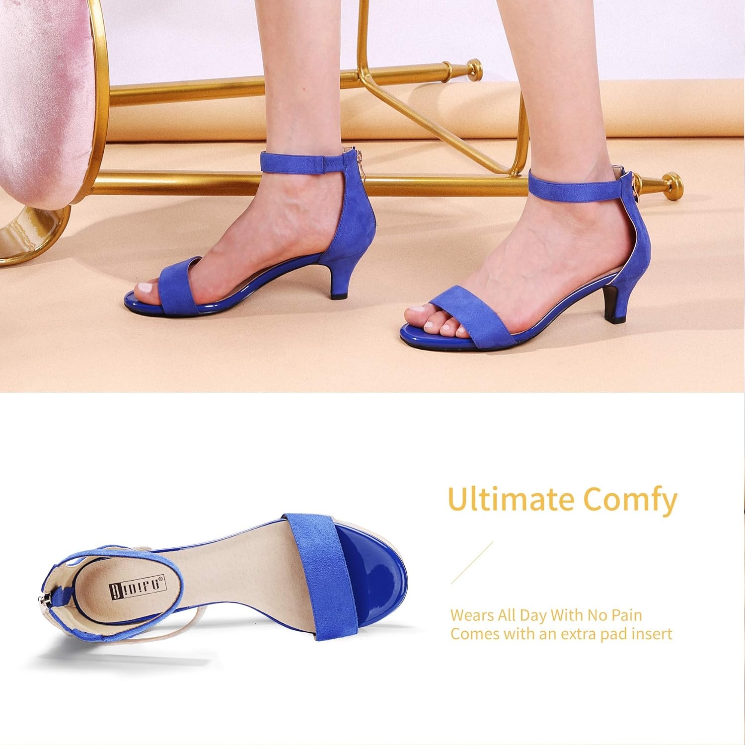 image:imageIDIFU IN2 Kitten Heels for Women Low Open Toe Ankle Strap Heeled Sandals Wedding Bridal Evening Prom Party Dress Shoes Womens HeelsIn2 Royal Blue Suede