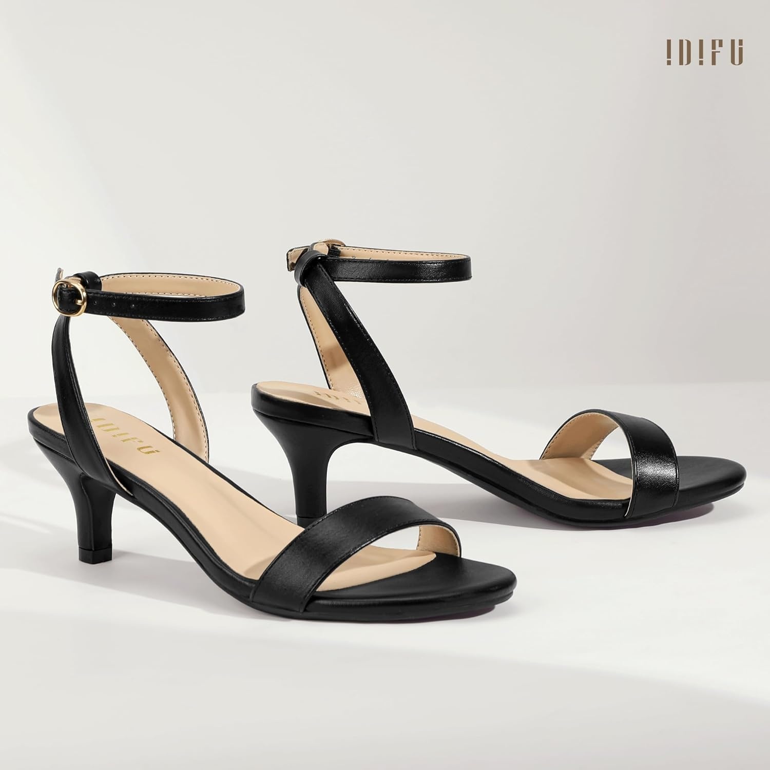 image:imageIDIFU IN2 Kitten Heels for Women Low Open Toe Ankle Strap Heeled Sandals Wedding Bridal Evening Prom Party Dress Shoes Womens HeelsNew Black Pu