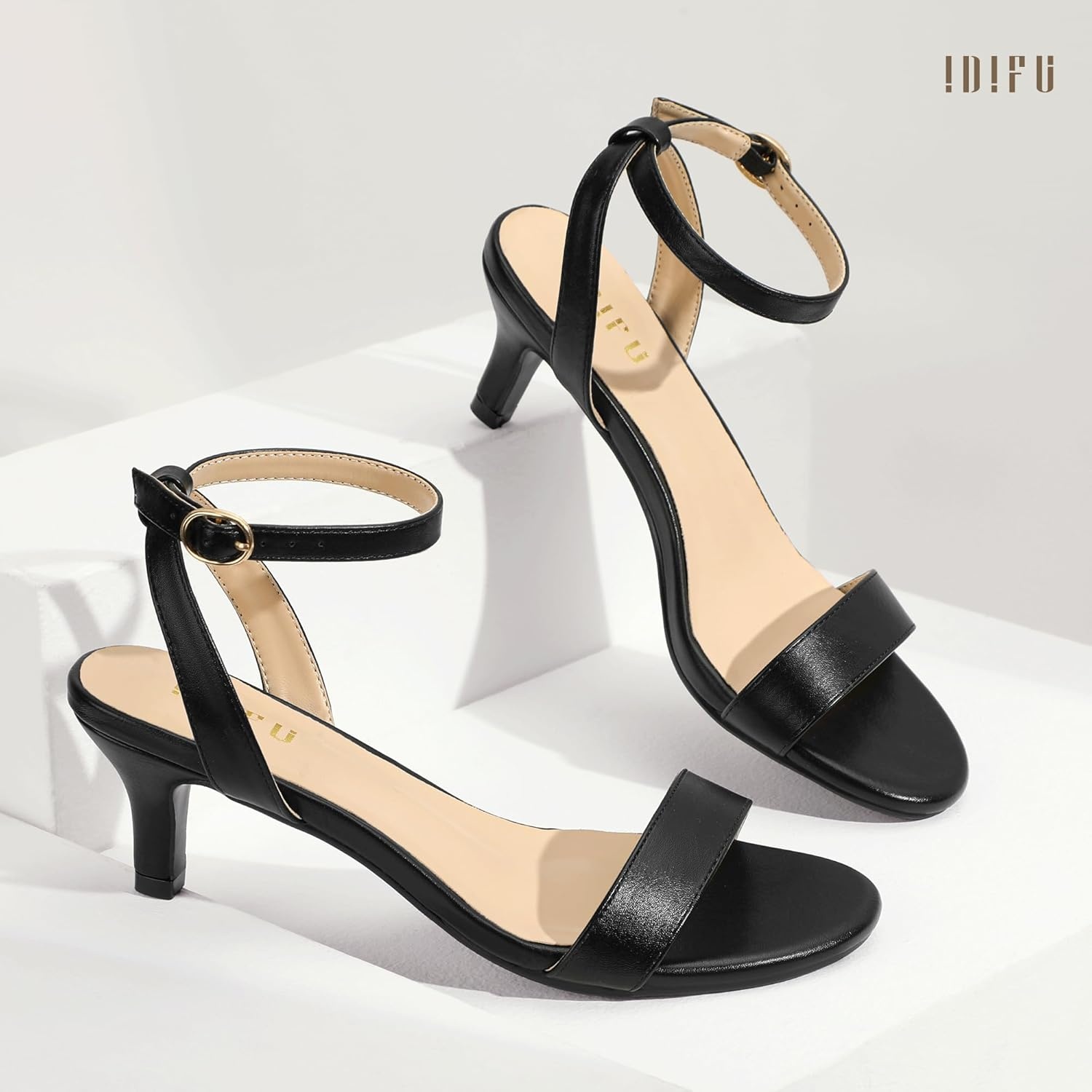 image:imageIDIFU IN2 Kitten Heels for Women Low Open Toe Ankle Strap Heeled Sandals Wedding Bridal Evening Prom Party Dress Shoes Womens HeelsNew Black Pu