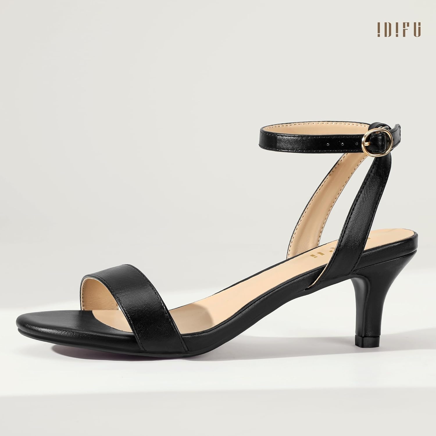 image:imageIDIFU IN2 Kitten Heels for Women Low Open Toe Ankle Strap Heeled Sandals Wedding Bridal Evening Prom Party Dress Shoes Womens HeelsNew Black Pu