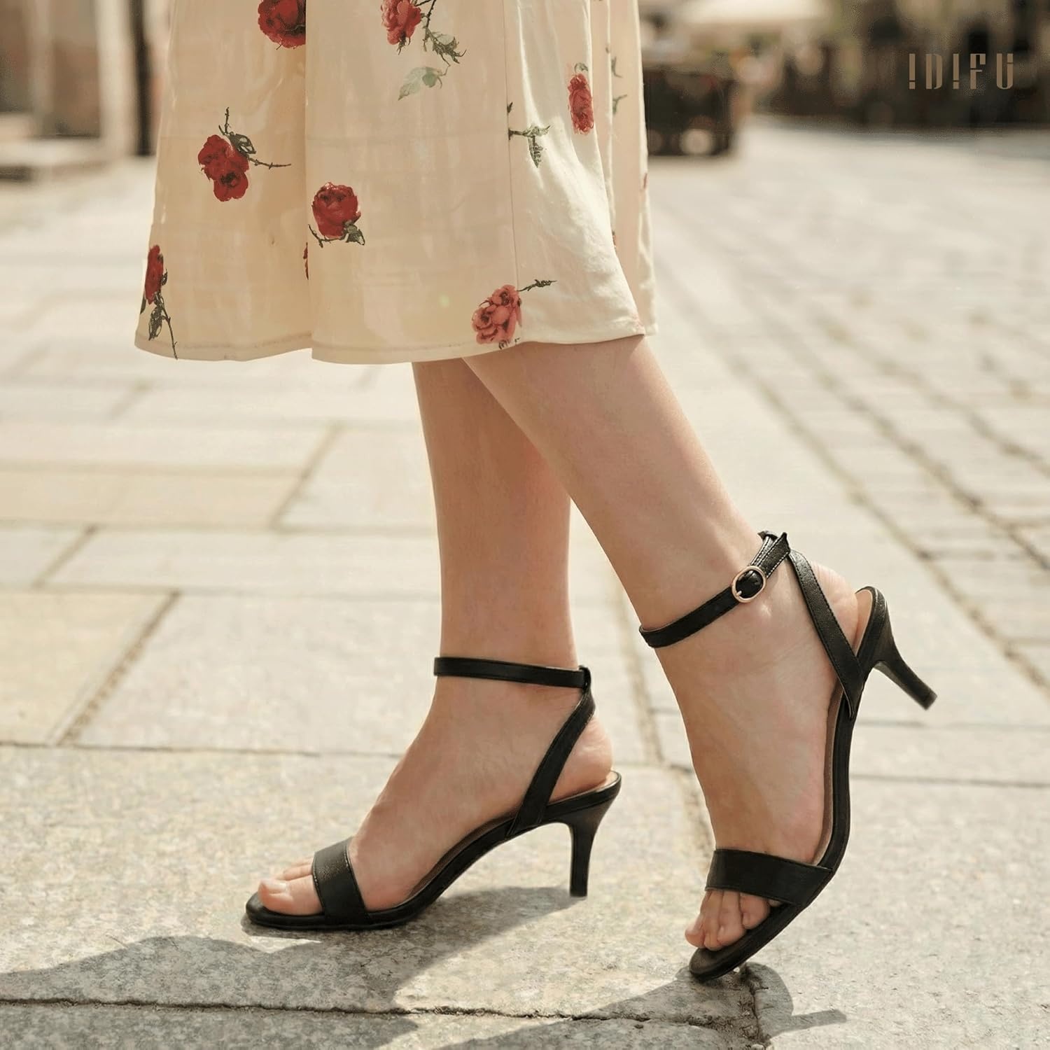 image:imageIDIFU IN2 Kitten Heels for Women Low Open Toe Ankle Strap Heeled Sandals Wedding Bridal Evening Prom Party Dress Shoes Womens HeelsNew Black Pu