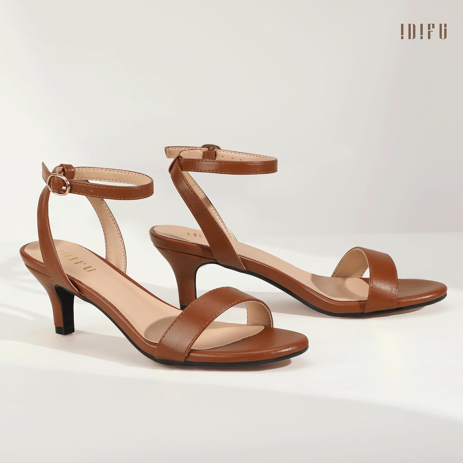 image:imageIDIFU IN2 Kitten Heels for Women Low Open Toe Ankle Strap Heeled Sandals Wedding Bridal Evening Prom Party Dress Shoes Womens HeelsNew Brown Pu