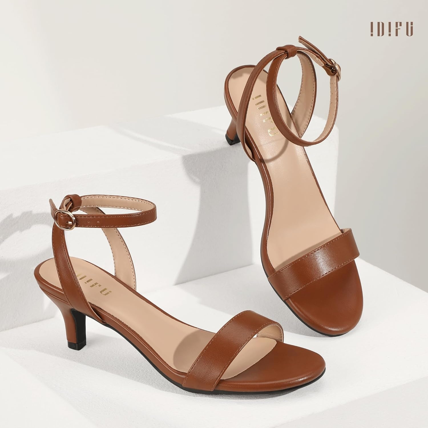 image:imageIDIFU IN2 Kitten Heels for Women Low Open Toe Ankle Strap Heeled Sandals Wedding Bridal Evening Prom Party Dress Shoes Womens HeelsNew Brown Pu