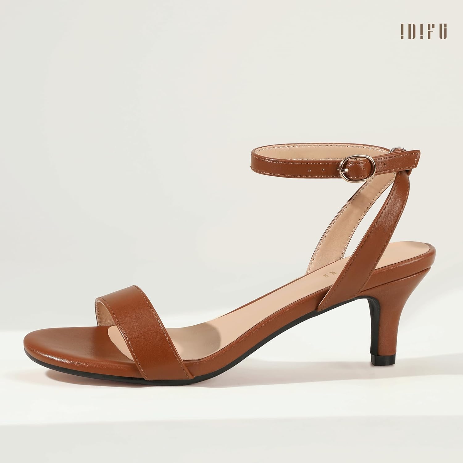 image:imageIDIFU IN2 Kitten Heels for Women Low Open Toe Ankle Strap Heeled Sandals Wedding Bridal Evening Prom Party Dress Shoes Womens HeelsNew Brown Pu