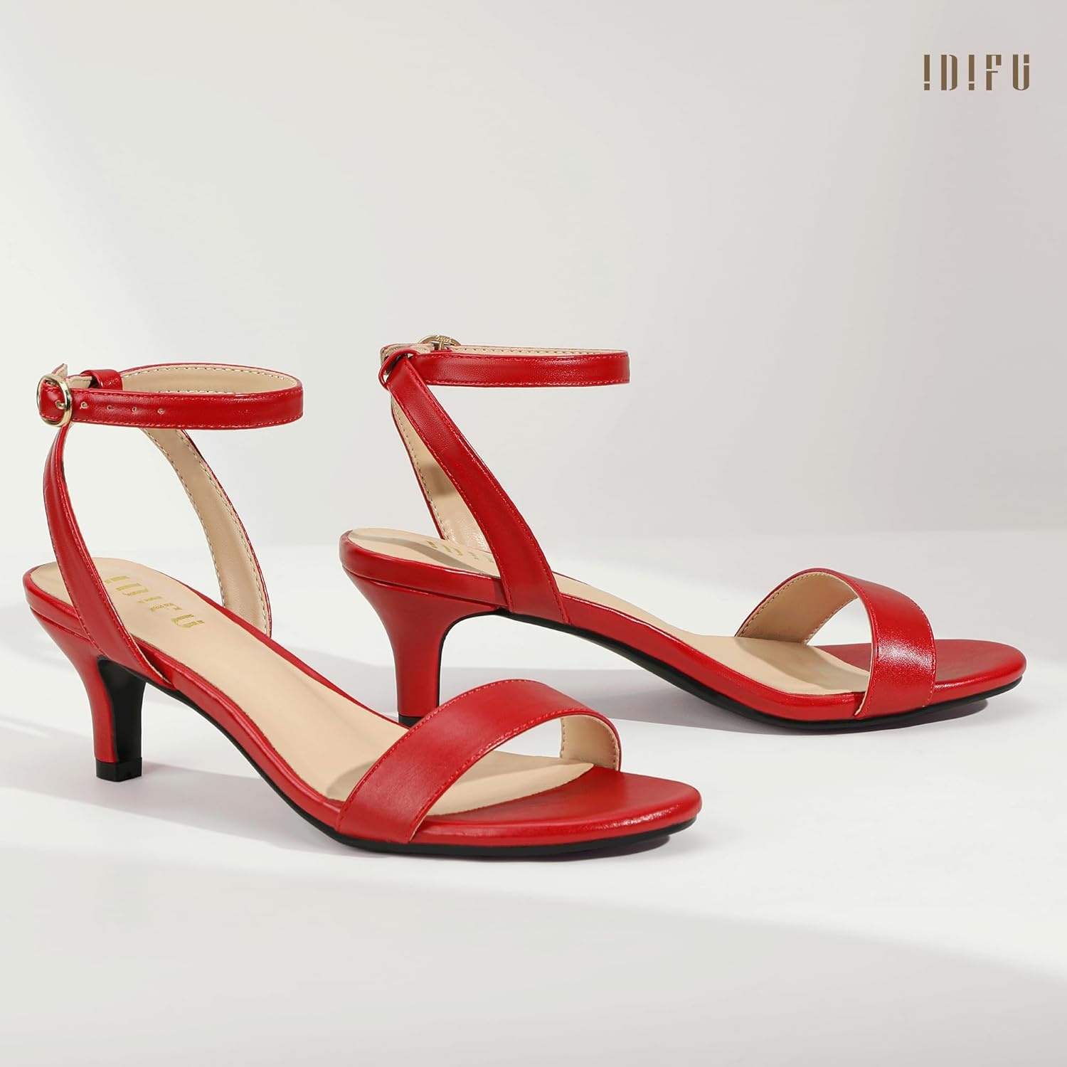 image:imageIDIFU IN2 Kitten Heels for Women Low Open Toe Ankle Strap Heeled Sandals Wedding Bridal Evening Prom Party Dress Shoes Womens HeelsNew Red Pu