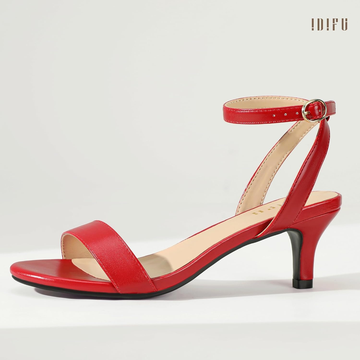 image:imageIDIFU IN2 Kitten Heels for Women Low Open Toe Ankle Strap Heeled Sandals Wedding Bridal Evening Prom Party Dress Shoes Womens HeelsNew Red Pu
