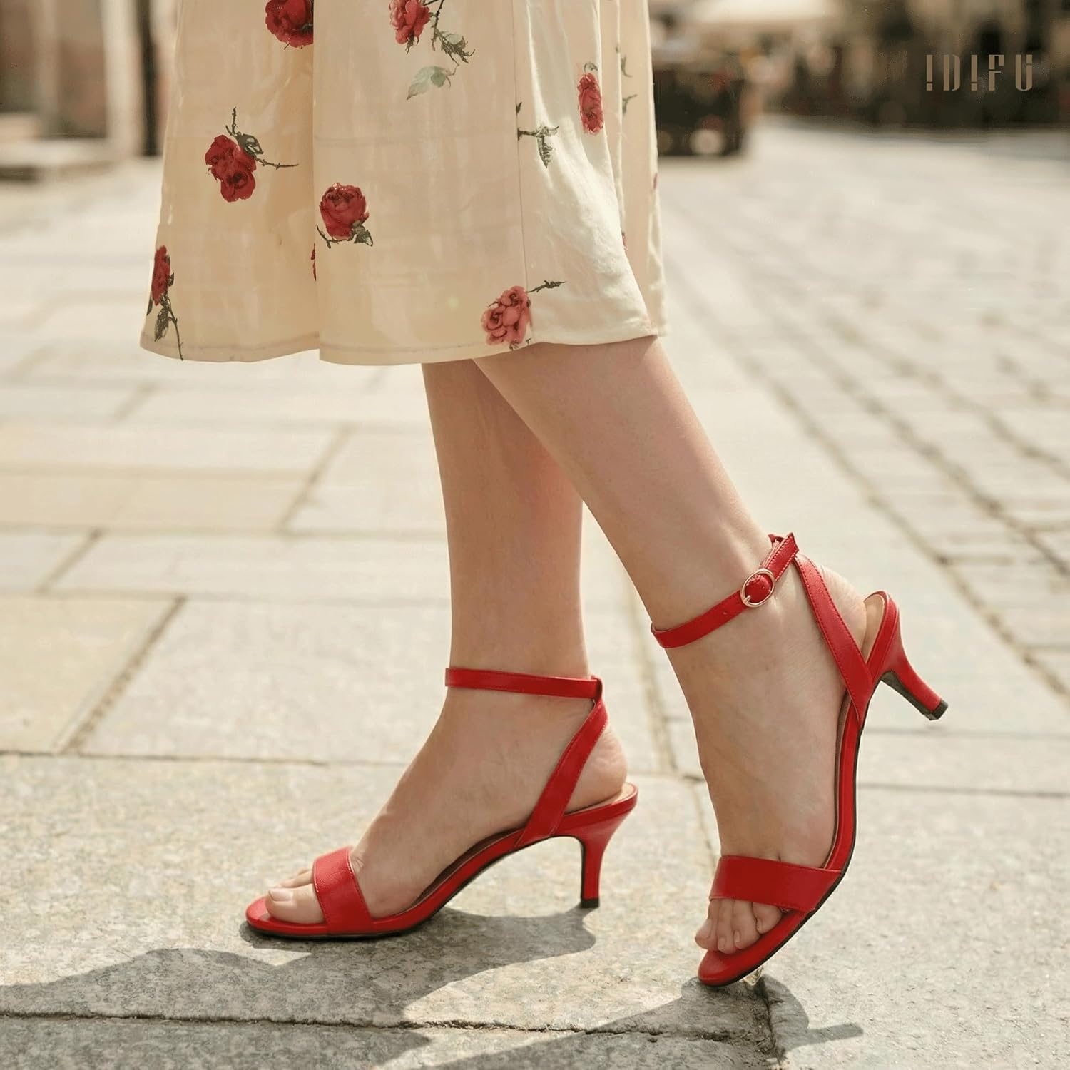image:imageIDIFU IN2 Kitten Heels for Women Low Open Toe Ankle Strap Heeled Sandals Wedding Bridal Evening Prom Party Dress Shoes Womens HeelsNew Red Pu