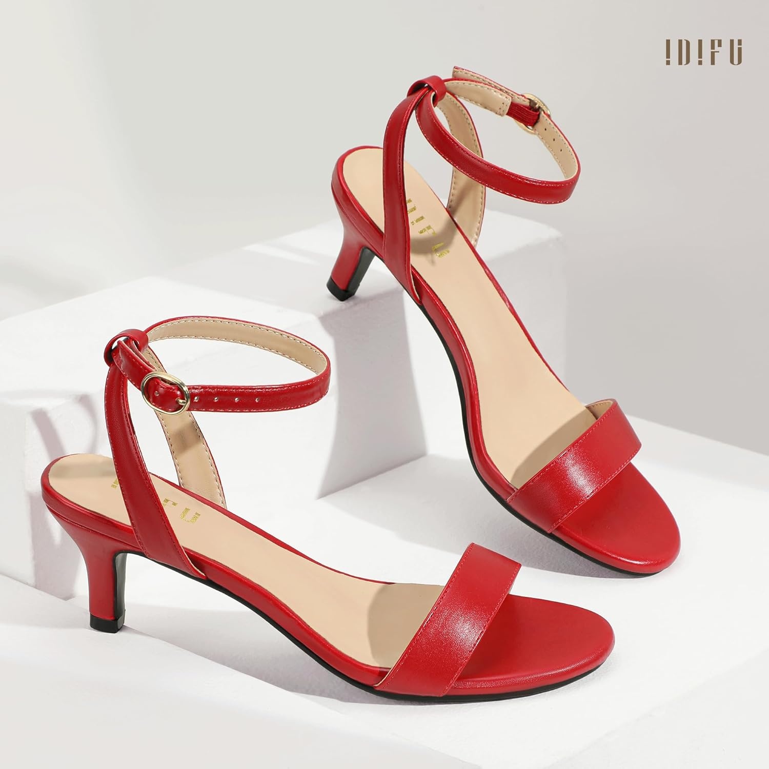 image:imageIDIFU IN2 Kitten Heels for Women Low Open Toe Ankle Strap Heeled Sandals Wedding Bridal Evening Prom Party Dress Shoes Womens HeelsNew Red Pu