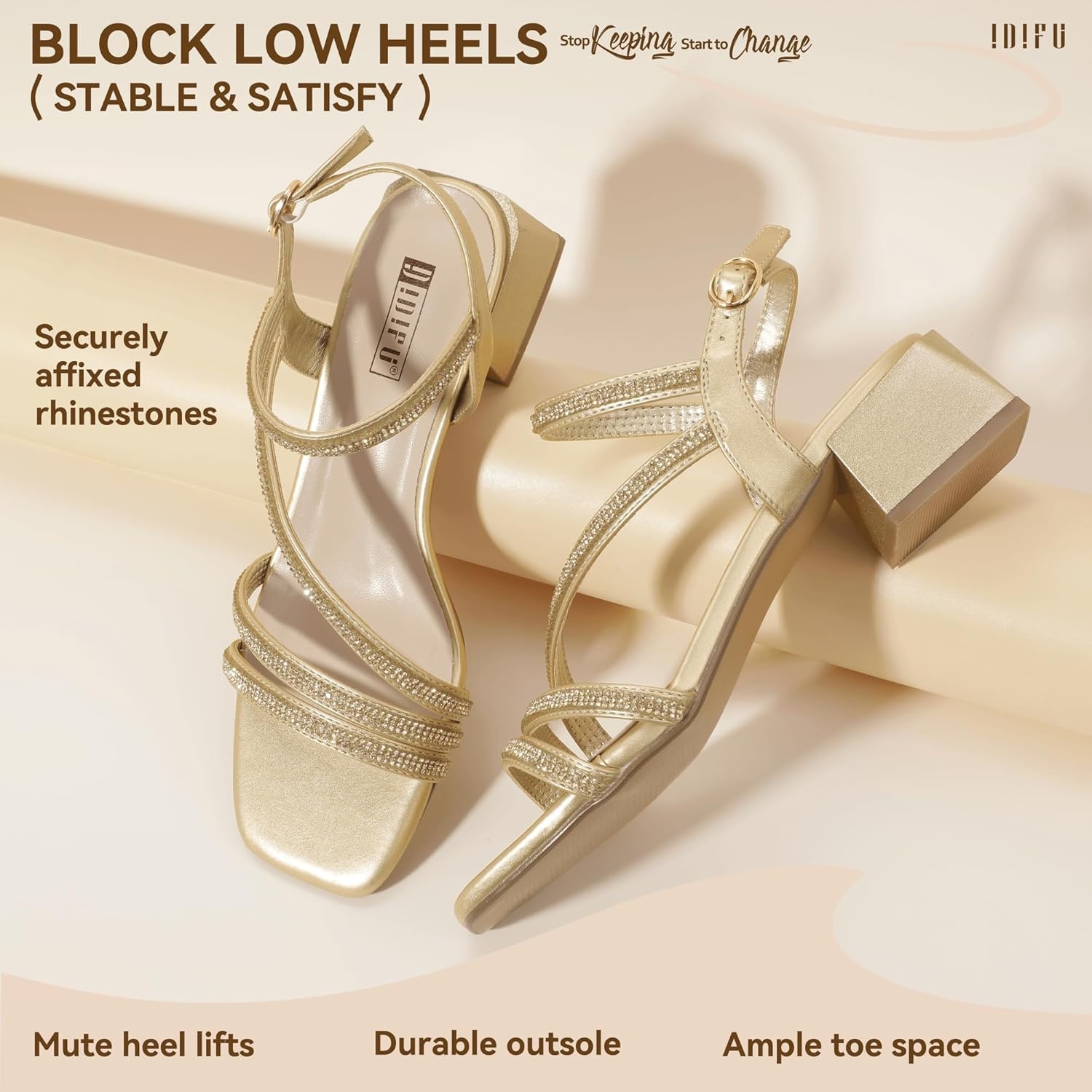 image:imageIDIFU IN2 Rhinestone Low Heels for Women Sparkly Dressy Block Short Strappy Square Open Toe Chunky Heeled Sandals Prom Wedding Bride Party Dress Shoes Comfortable Bling Thick HeelsGold Rhinestone