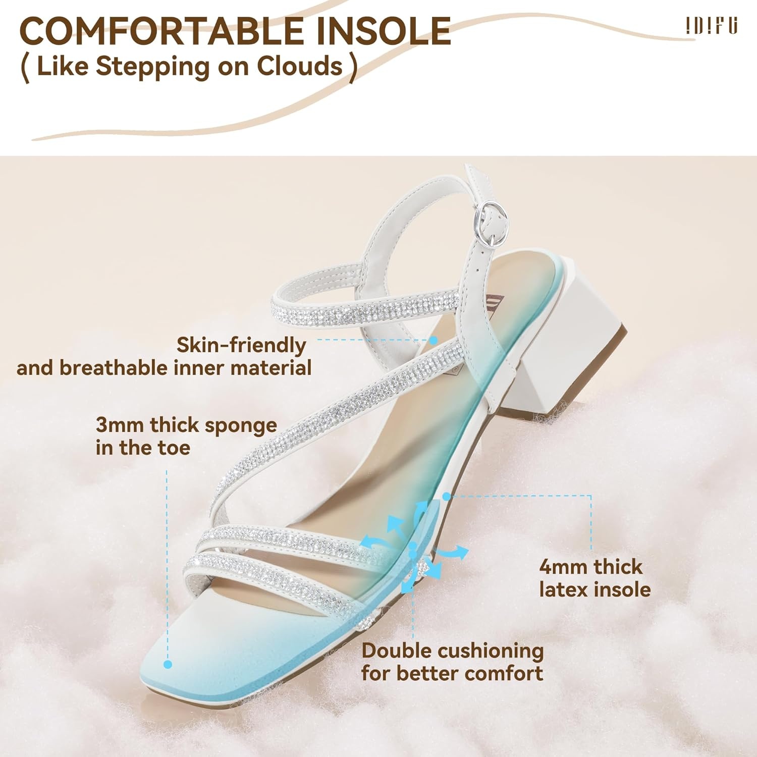 image:imageIDIFU IN2 Rhinestone Low Heels for Women Sparkly Dressy Block Short Strappy Square Open Toe Chunky Heeled Sandals Prom Wedding Bride Party Dress Shoes Comfortable Bling Thick HeelsWhite Rhinestone