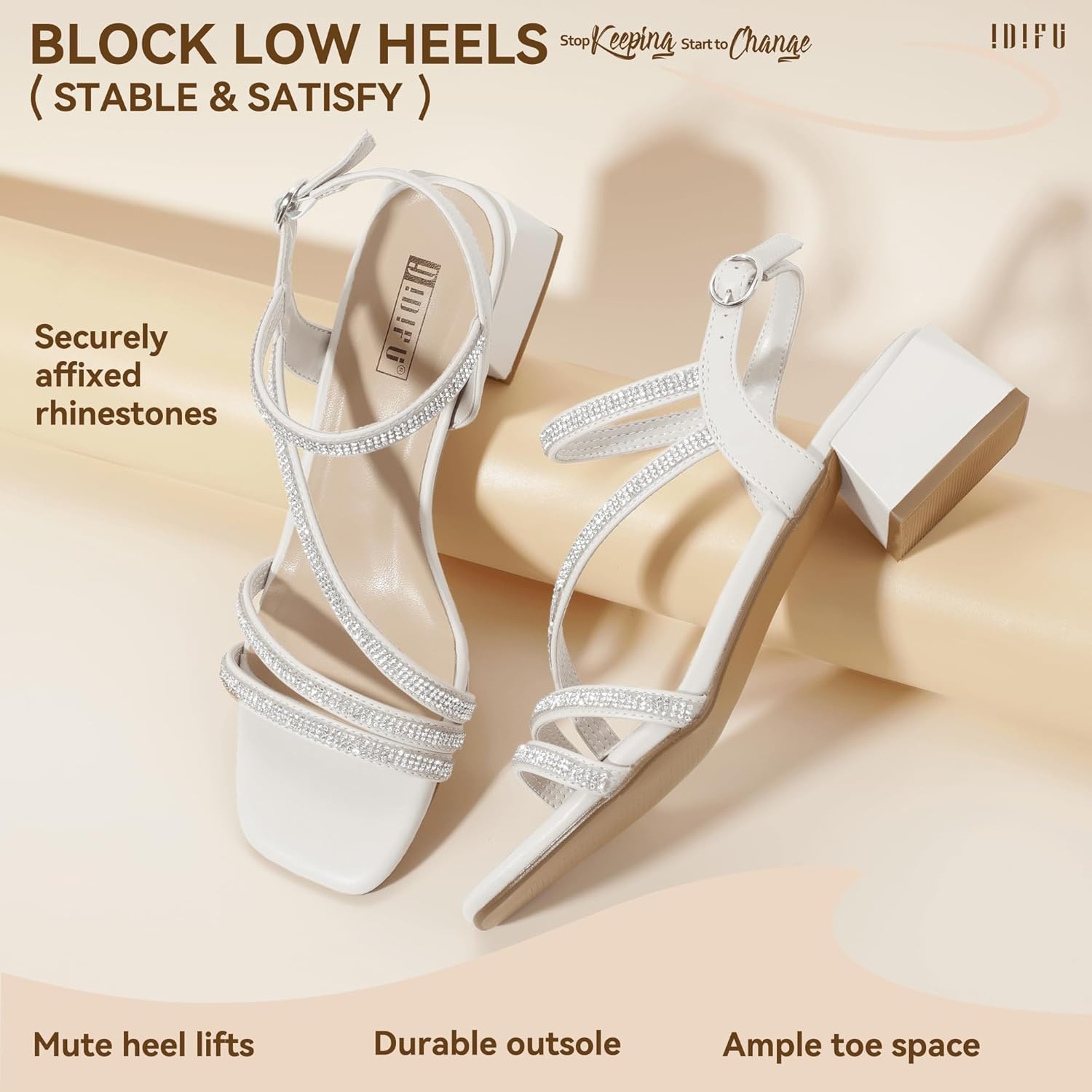 image:imageIDIFU IN2 Rhinestone Low Heels for Women Sparkly Dressy Block Short Strappy Square Open Toe Chunky Heeled Sandals Prom Wedding Bride Party Dress Shoes Comfortable Bling Thick HeelsWhite Rhinestone