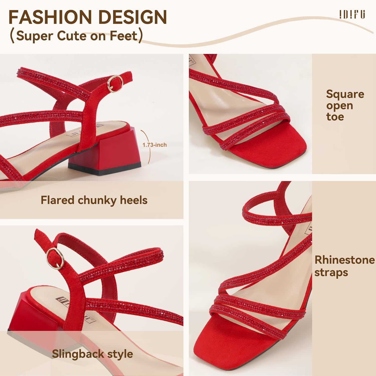 image:imageIDIFU IN2 Rhinestone Low Heels for Women Sparkly Dressy Block Short Strappy Square Open Toe Chunky Heeled Sandals Prom Wedding Bride Party Dress Shoes Comfortable Bling Thick HeelsRed Rhinestone