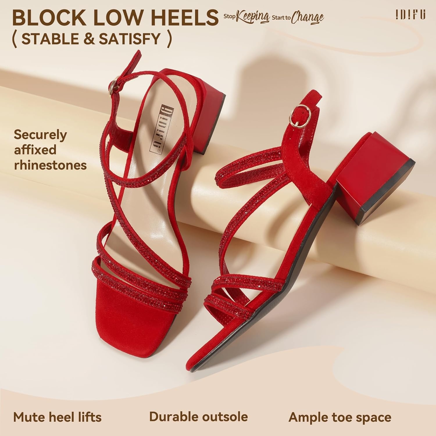 image:imageIDIFU IN2 Rhinestone Low Heels for Women Sparkly Dressy Block Short Strappy Square Open Toe Chunky Heeled Sandals Prom Wedding Bride Party Dress Shoes Comfortable Bling Thick HeelsRed Rhinestone
