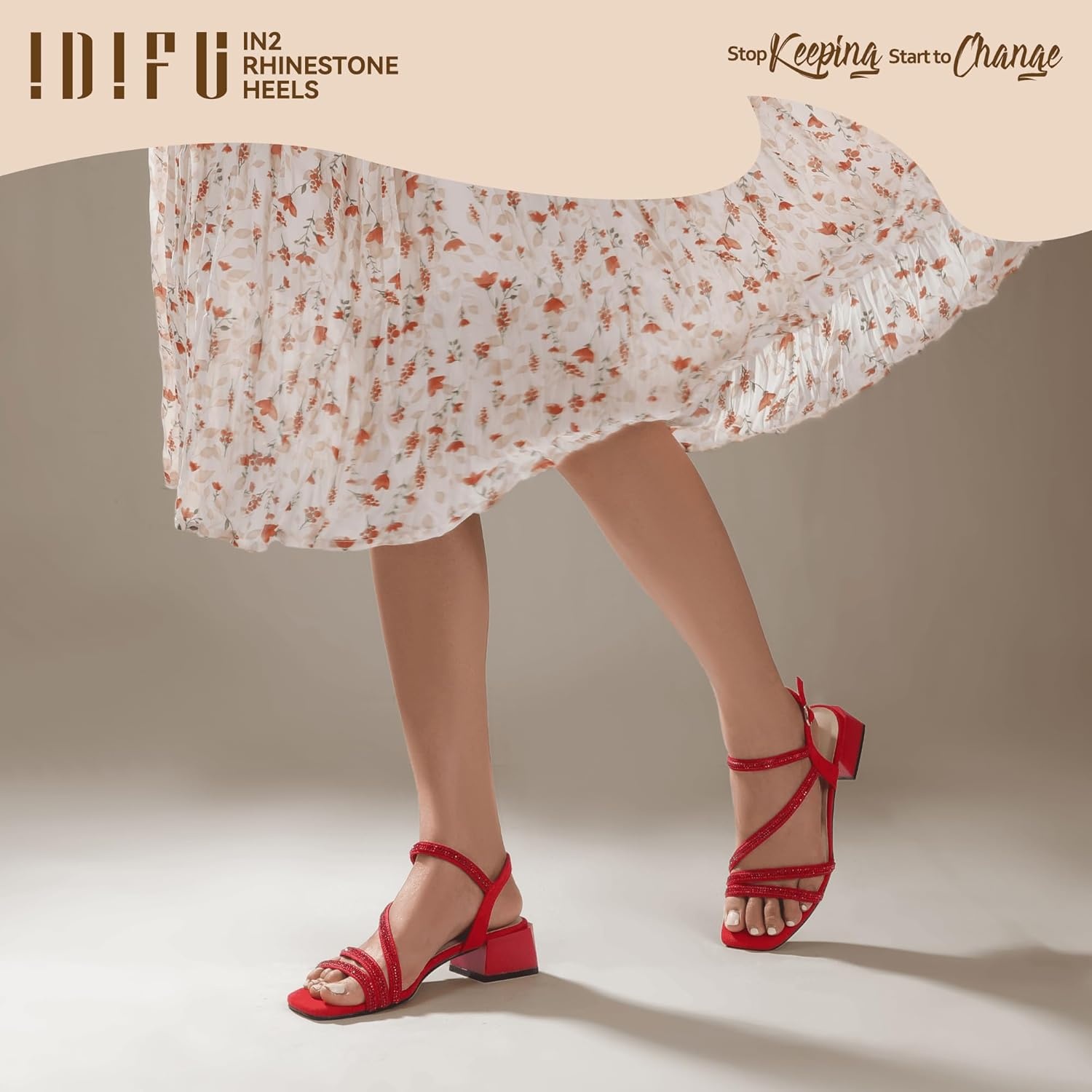 image:imageIDIFU IN2 Rhinestone Low Heels for Women Sparkly Dressy Block Short Strappy Square Open Toe Chunky Heeled Sandals Prom Wedding Bride Party Dress Shoes Comfortable Bling Thick HeelsRed Rhinestone