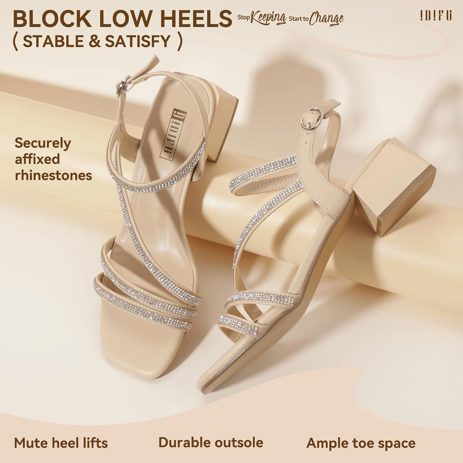 image:imageIDIFU IN2 Rhinestone Low Heels for Women Sparkly Dressy Block Short Strappy Square Open Toe Chunky Heeled Sandals Prom Wedding Bride Party Dress Shoes Comfortable Bling Thick HeelsBeige Pu Rhinestone