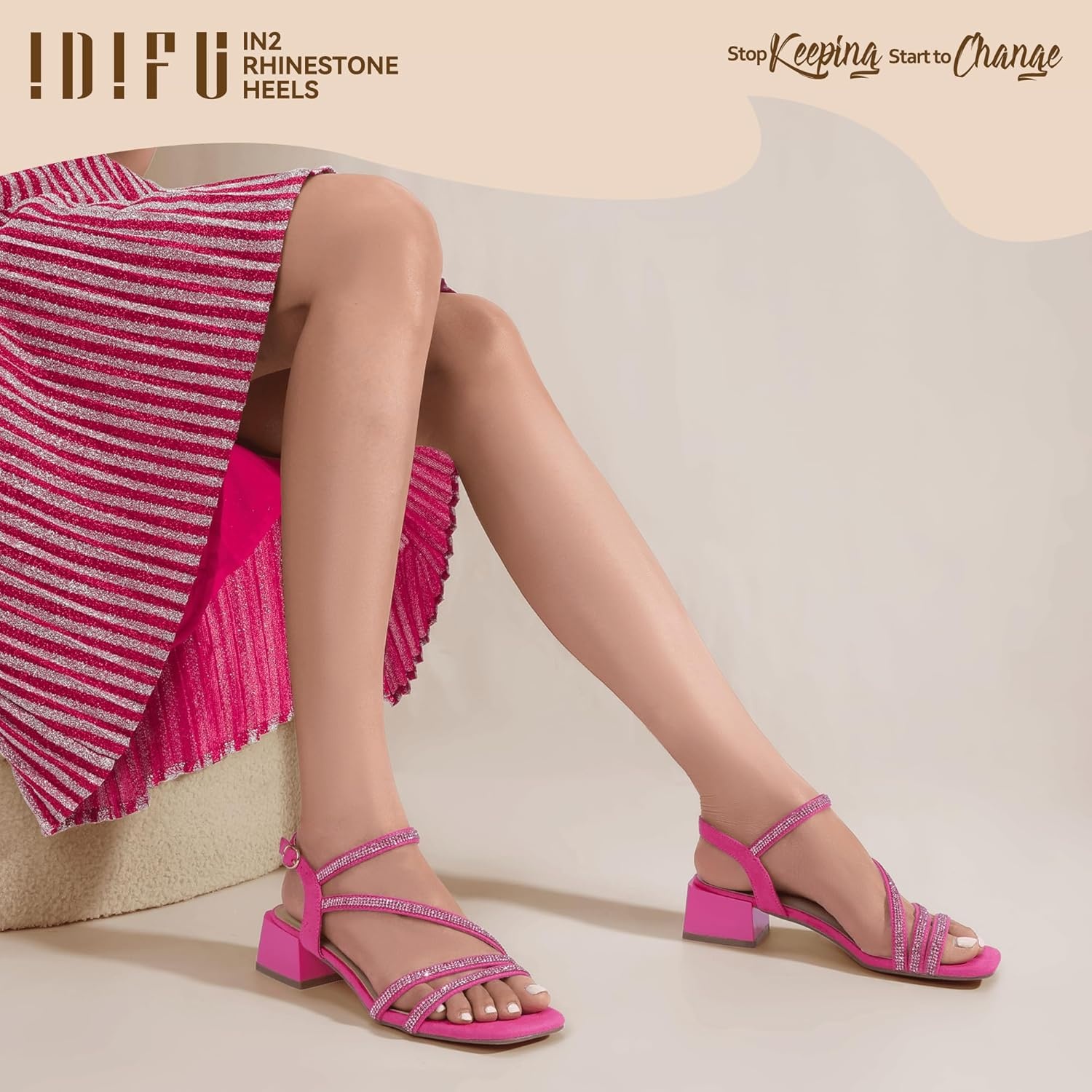 image:imageIDIFU IN2 Rhinestone Low Heels for Women Sparkly Dressy Block Short Strappy Square Open Toe Chunky Heeled Sandals Prom Wedding Bride Party Dress Shoes Comfortable Bling Thick HeelsHot Pink Rhinestone