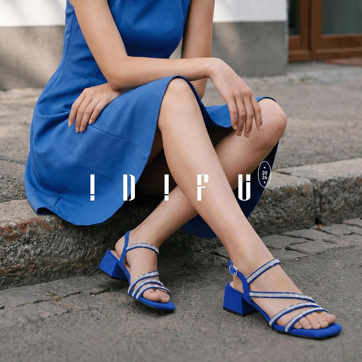 image:imageIDIFU IN2 Rhinestone Low Heels for Women Sparkly Dressy Block Short Strappy Square Open Toe Chunky Heeled Sandals Prom Wedding Bride Party Dress Shoes Comfortable Bling Thick HeelsRoyal Blue Rhinestone