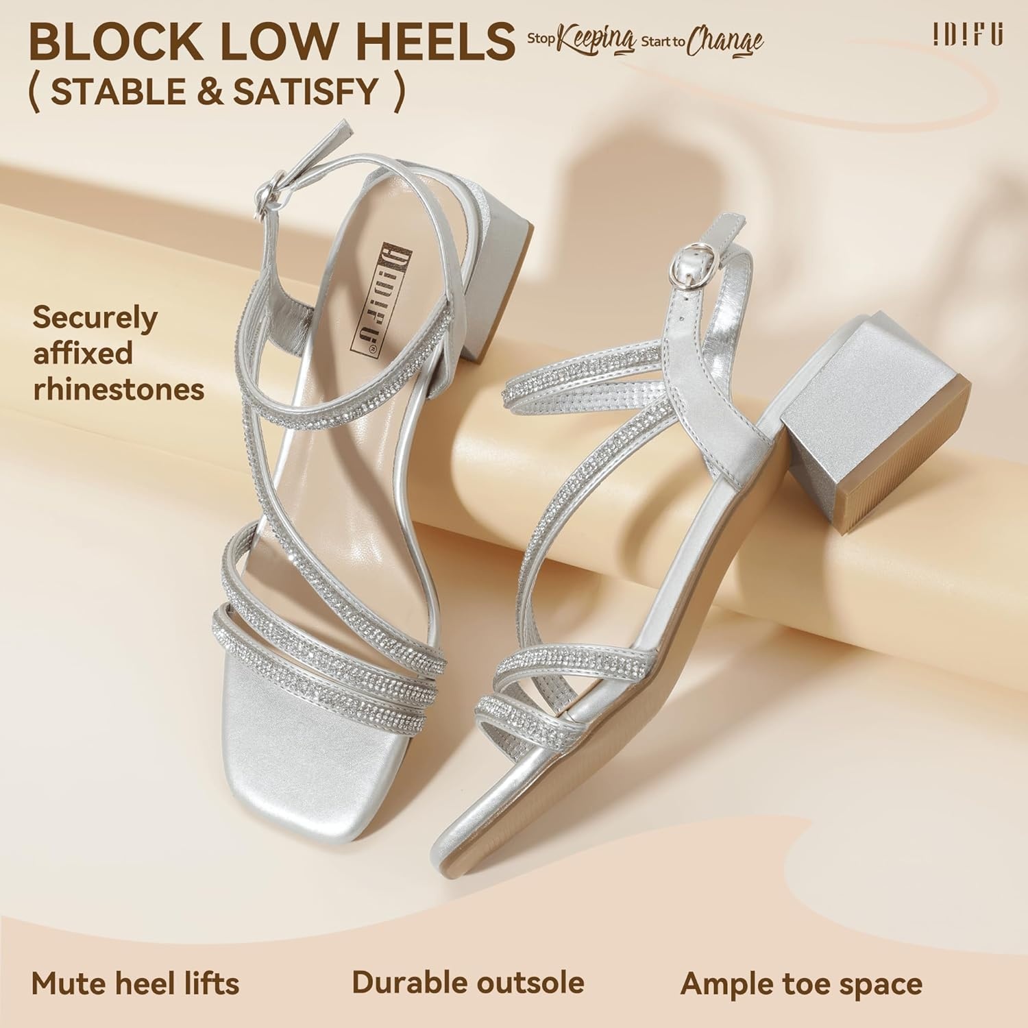 image:imageIDIFU IN2 Rhinestone Low Heels for Women Sparkly Dressy Block Short Strappy Square Open Toe Chunky Heeled Sandals Prom Wedding Bride Party Dress Shoes Comfortable Bling Thick HeelsSilver Rhinestone