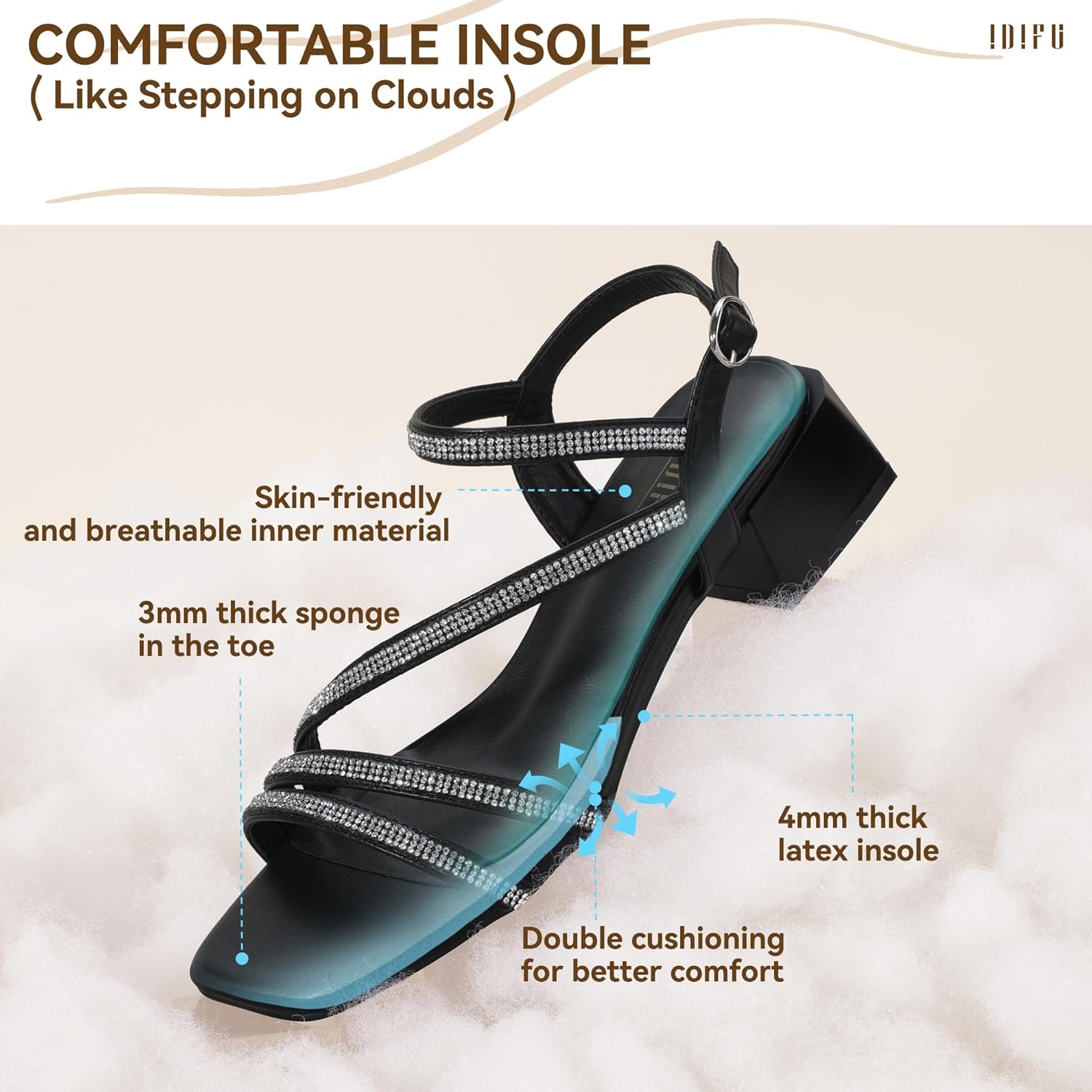 image:imageIDIFU IN2 Rhinestone Low Heels for Women Sparkly Dressy Block Short Strappy Square Open Toe Chunky Heeled Sandals Prom Wedding Bride Party Dress Shoes Comfortable Bling Thick HeelsBlack Rhinestone