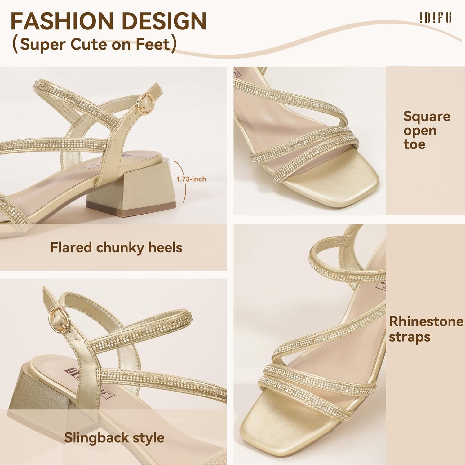 image:imageIDIFU IN2 Rhinestone Low Heels for Women Sparkly Dressy Block Short Strappy Square Open Toe Chunky Heeled Sandals Prom Wedding Bride Party Dress Shoes Comfortable Bling Thick HeelsGold Rhinestone