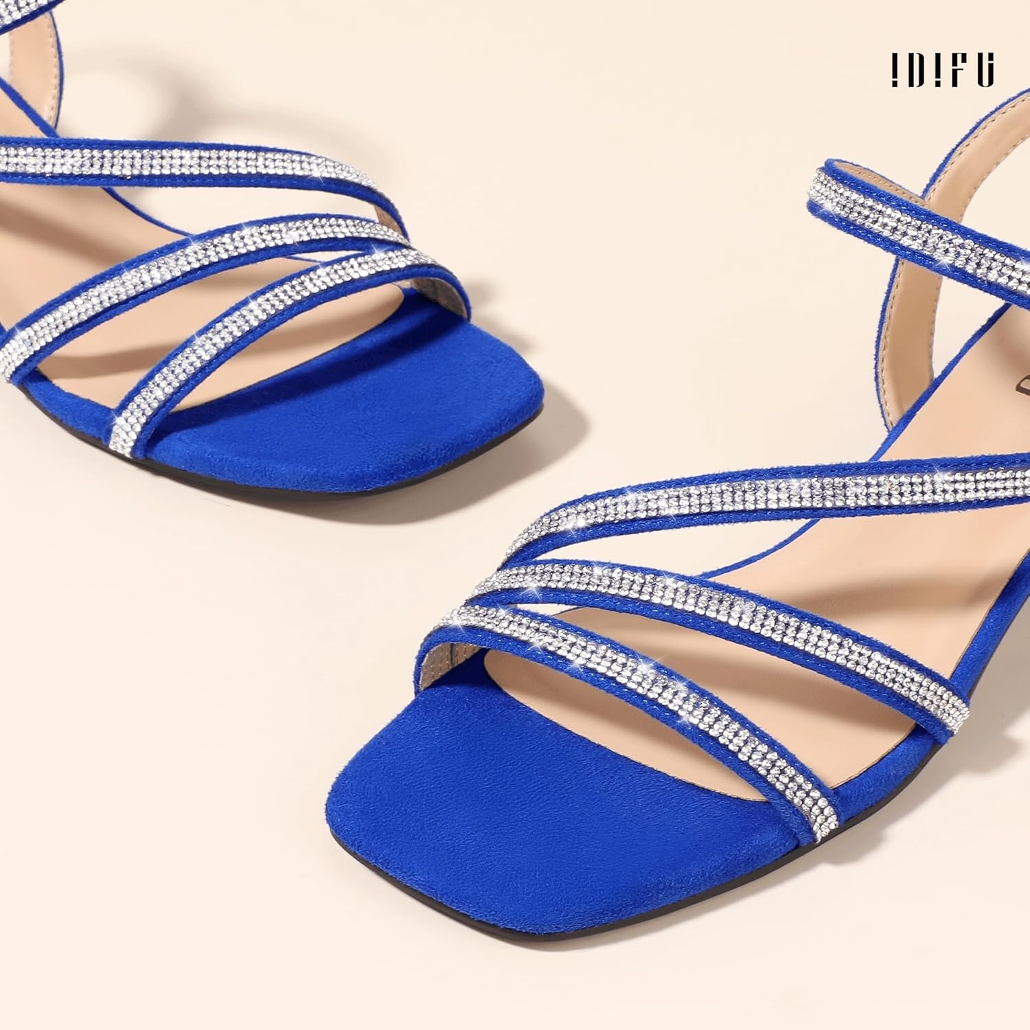 image:imageIDIFU IN2 Rhinestone Low Heels for Women Sparkly Dressy Block Short Strappy Square Open Toe Chunky Heeled Sandals Prom Wedding Bride Party Dress Shoes Comfortable Bling Thick HeelsRoyal Blue Rhinestone