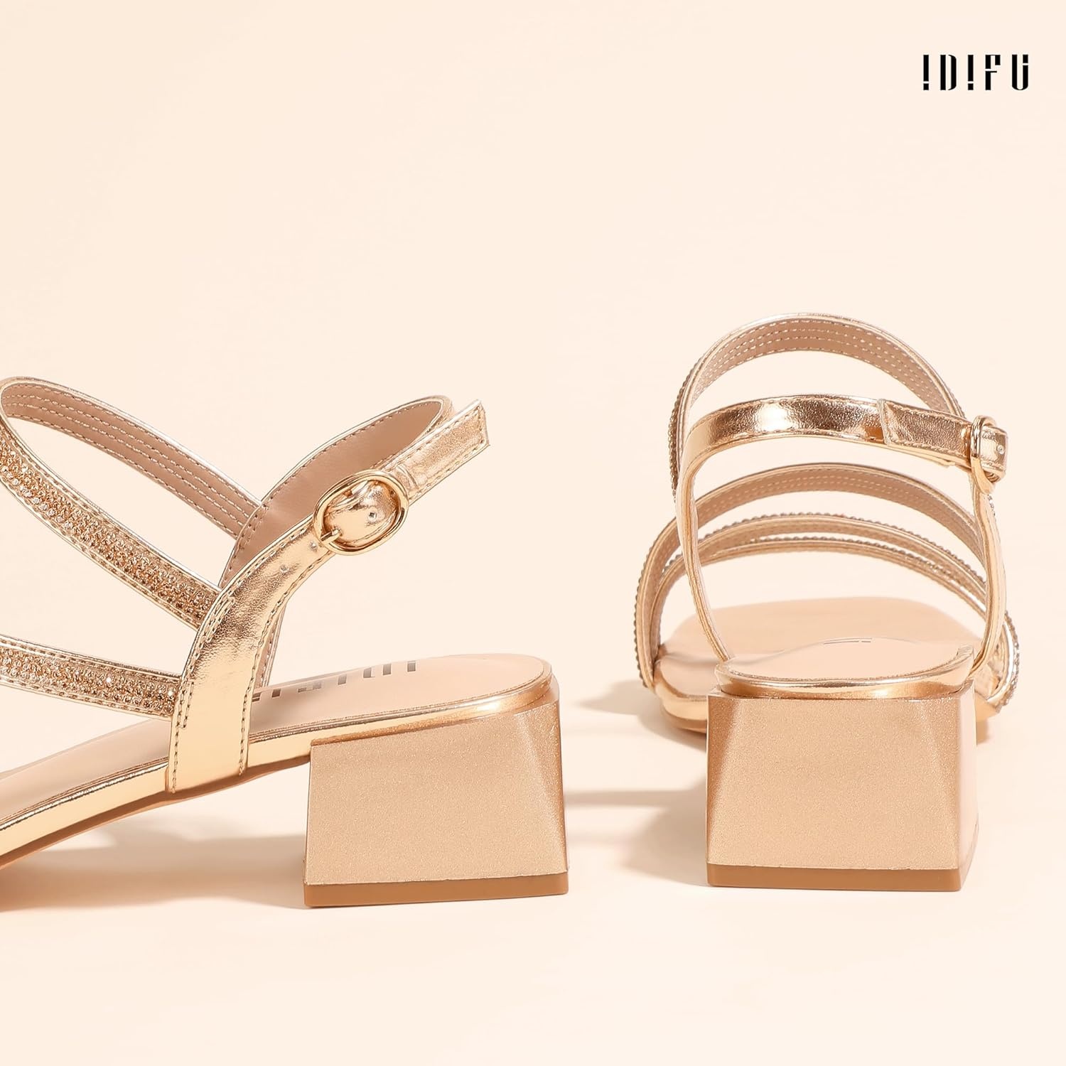 image:imageIDIFU IN2 Rhinestone Low Heels for Women Sparkly Dressy Block Short Strappy Square Open Toe Chunky Heeled Sandals Prom Wedding Bride Party Dress Shoes Comfortable Bling Thick HeelsRose Gold Rhinestone
