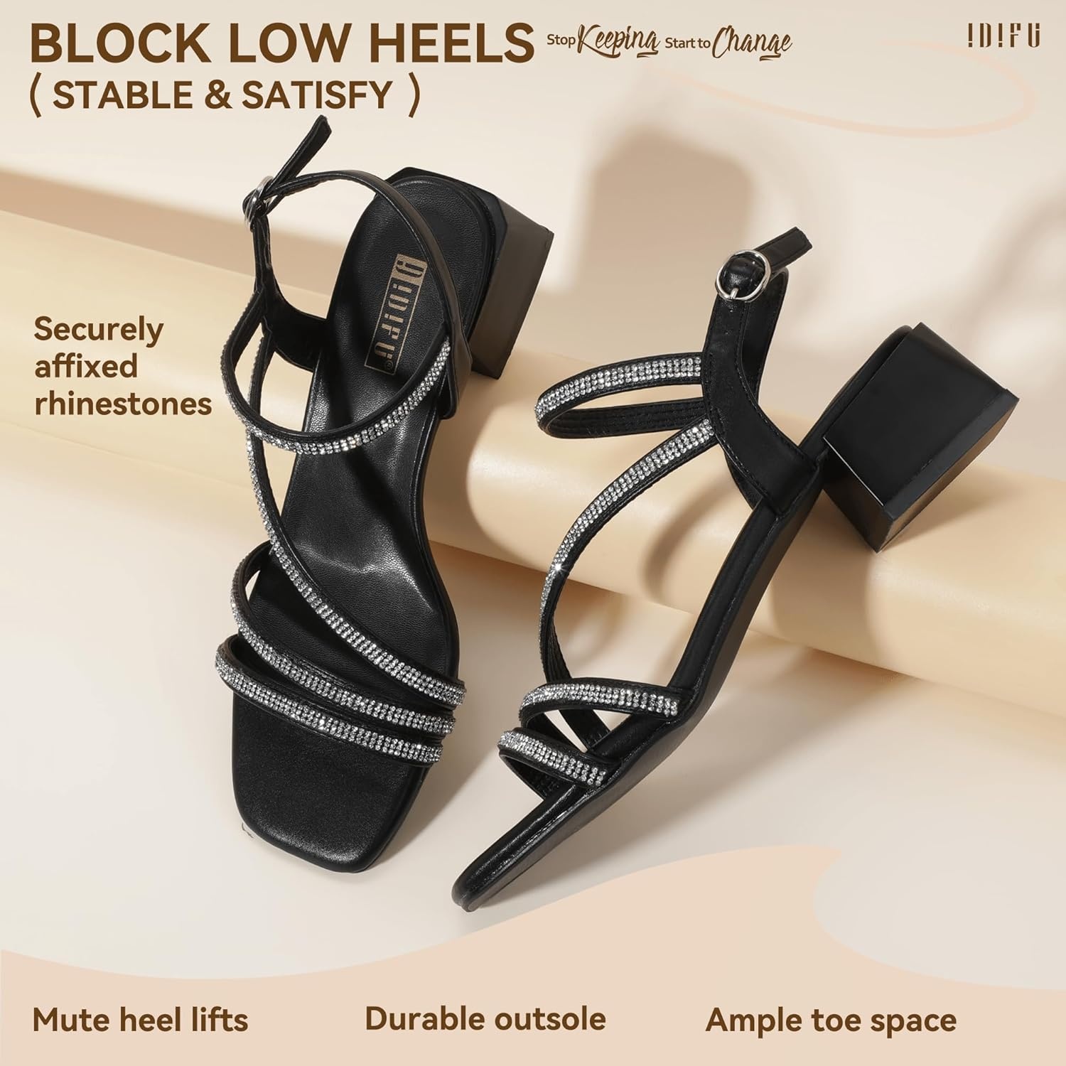 image:imageIDIFU IN2 Rhinestone Low Heels for Women Sparkly Dressy Block Short Strappy Square Open Toe Chunky Heeled Sandals Prom Wedding Bride Party Dress Shoes Comfortable Bling Thick HeelsBlack Rhinestone