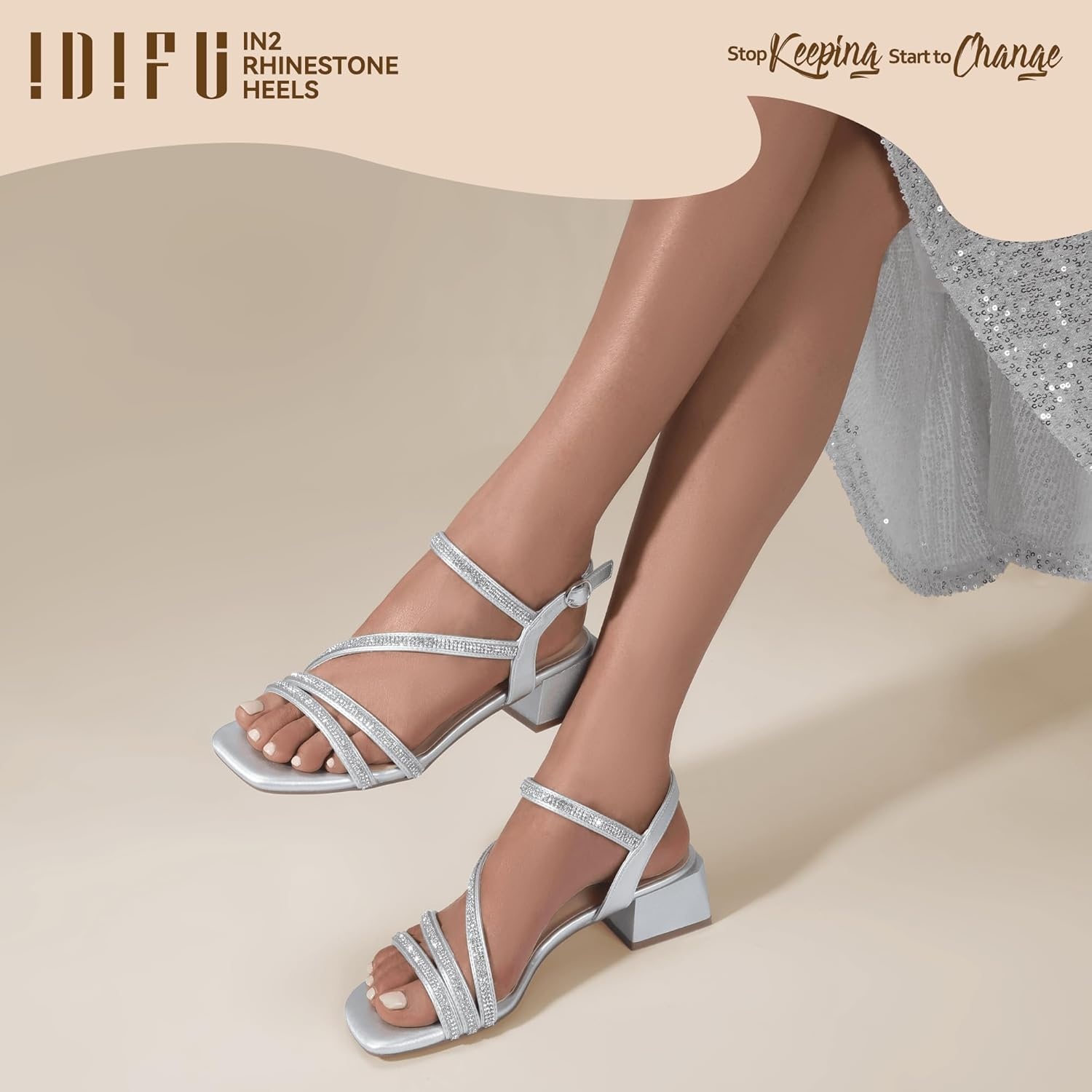image:imageIDIFU IN2 Rhinestone Low Heels for Women Sparkly Dressy Block Short Strappy Square Open Toe Chunky Heeled Sandals Prom Wedding Bride Party Dress Shoes Comfortable Bling Thick HeelsSilver Rhinestone