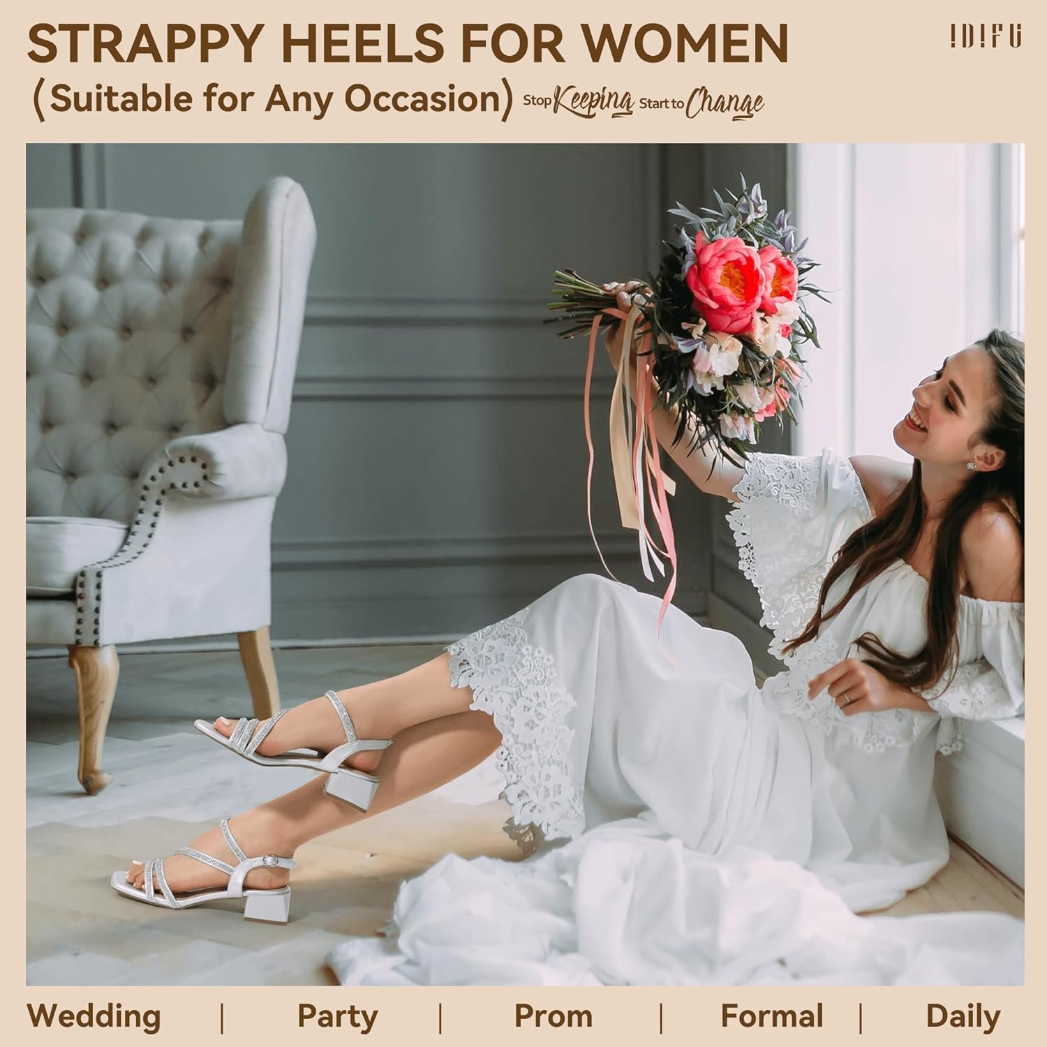image:imageIDIFU IN2 Rhinestone Low Heels for Women Sparkly Dressy Block Short Strappy Square Open Toe Chunky Heeled Sandals Prom Wedding Bride Party Dress Shoes Comfortable Bling Thick HeelsSilver Rhinestone