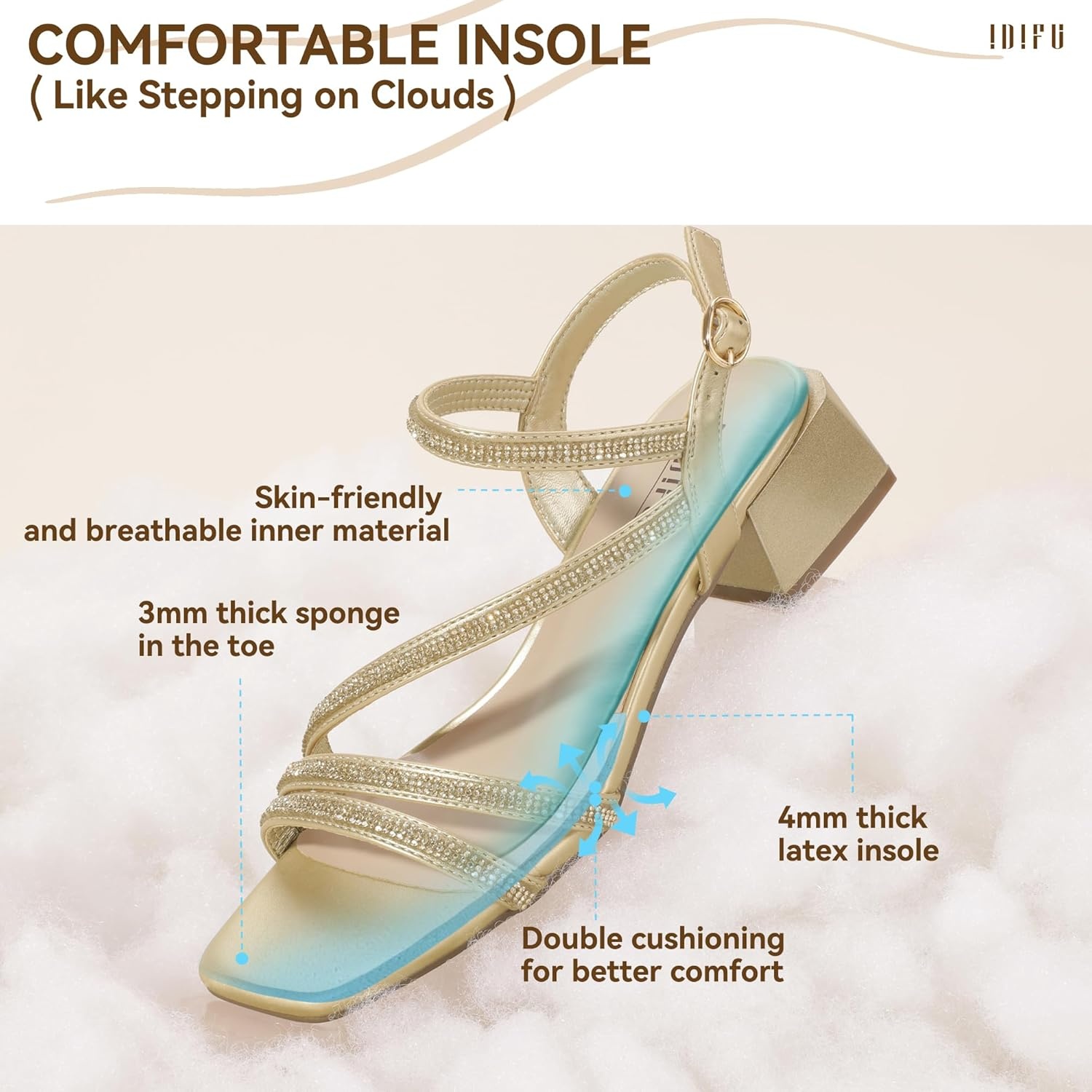 image:imageIDIFU IN2 Rhinestone Low Heels for Women Sparkly Dressy Block Short Strappy Square Open Toe Chunky Heeled Sandals Prom Wedding Bride Party Dress Shoes Comfortable Bling Thick HeelsGold Rhinestone