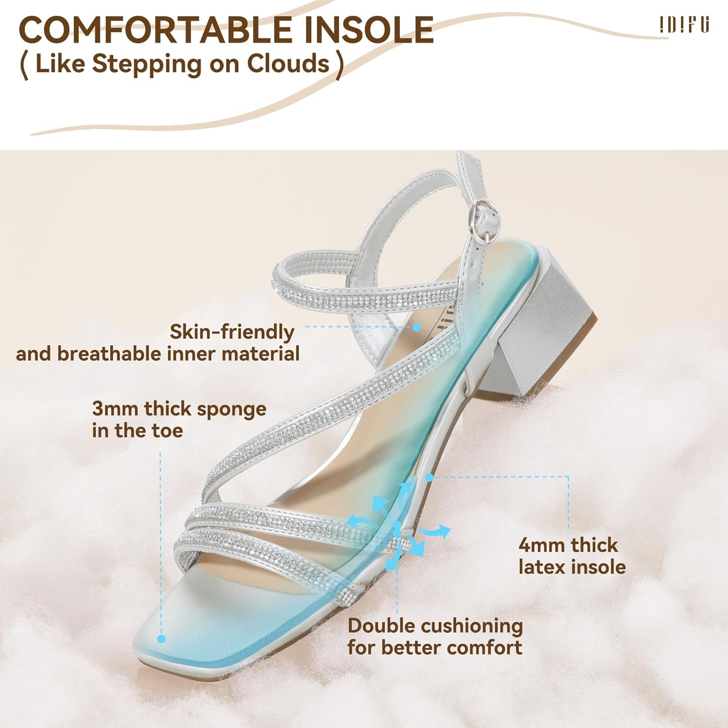 image:imageIDIFU IN2 Rhinestone Low Heels for Women Sparkly Dressy Block Short Strappy Square Open Toe Chunky Heeled Sandals Prom Wedding Bride Party Dress Shoes Comfortable Bling Thick HeelsSilver Rhinestone