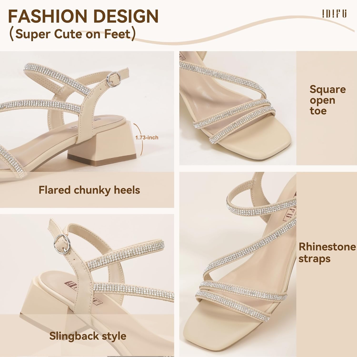 image:imageIDIFU IN2 Rhinestone Low Heels for Women Sparkly Dressy Block Short Strappy Square Open Toe Chunky Heeled Sandals Prom Wedding Bride Party Dress Shoes Comfortable Bling Thick HeelsBeige Pu Rhinestone