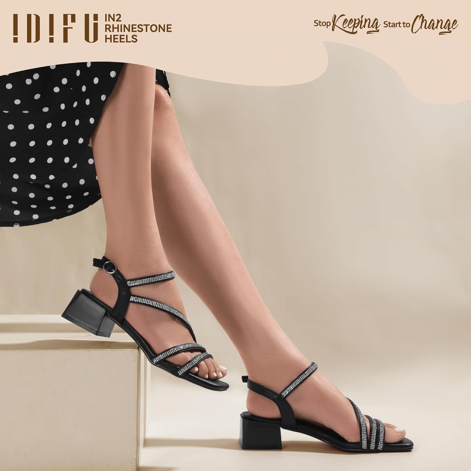 image:imageIDIFU IN2 Rhinestone Low Heels for Women Sparkly Dressy Block Short Strappy Square Open Toe Chunky Heeled Sandals Prom Wedding Bride Party Dress Shoes Comfortable Bling Thick HeelsBlack Rhinestone