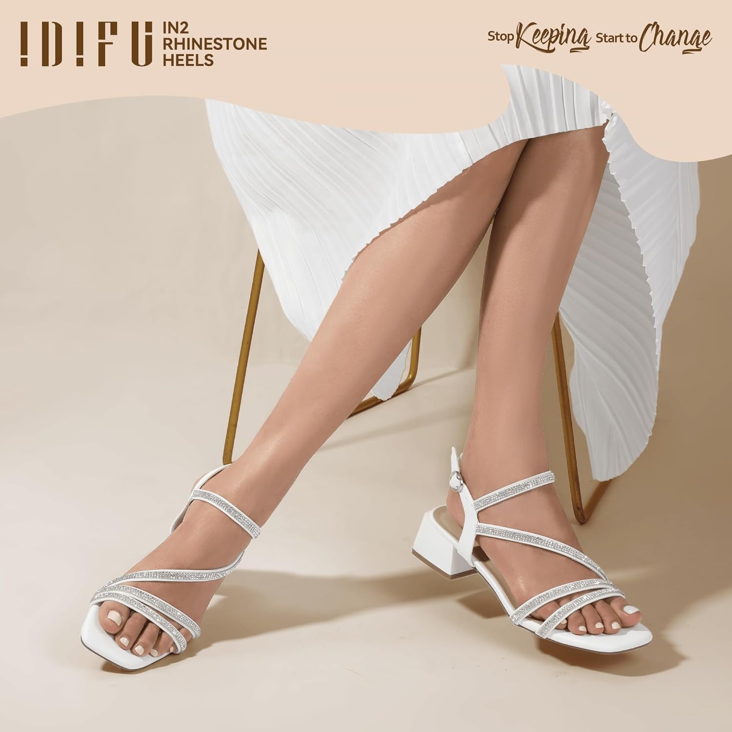 image:imageIDIFU IN2 Rhinestone Low Heels for Women Sparkly Dressy Block Short Strappy Square Open Toe Chunky Heeled Sandals Prom Wedding Bride Party Dress Shoes Comfortable Bling Thick HeelsWhite Rhinestone