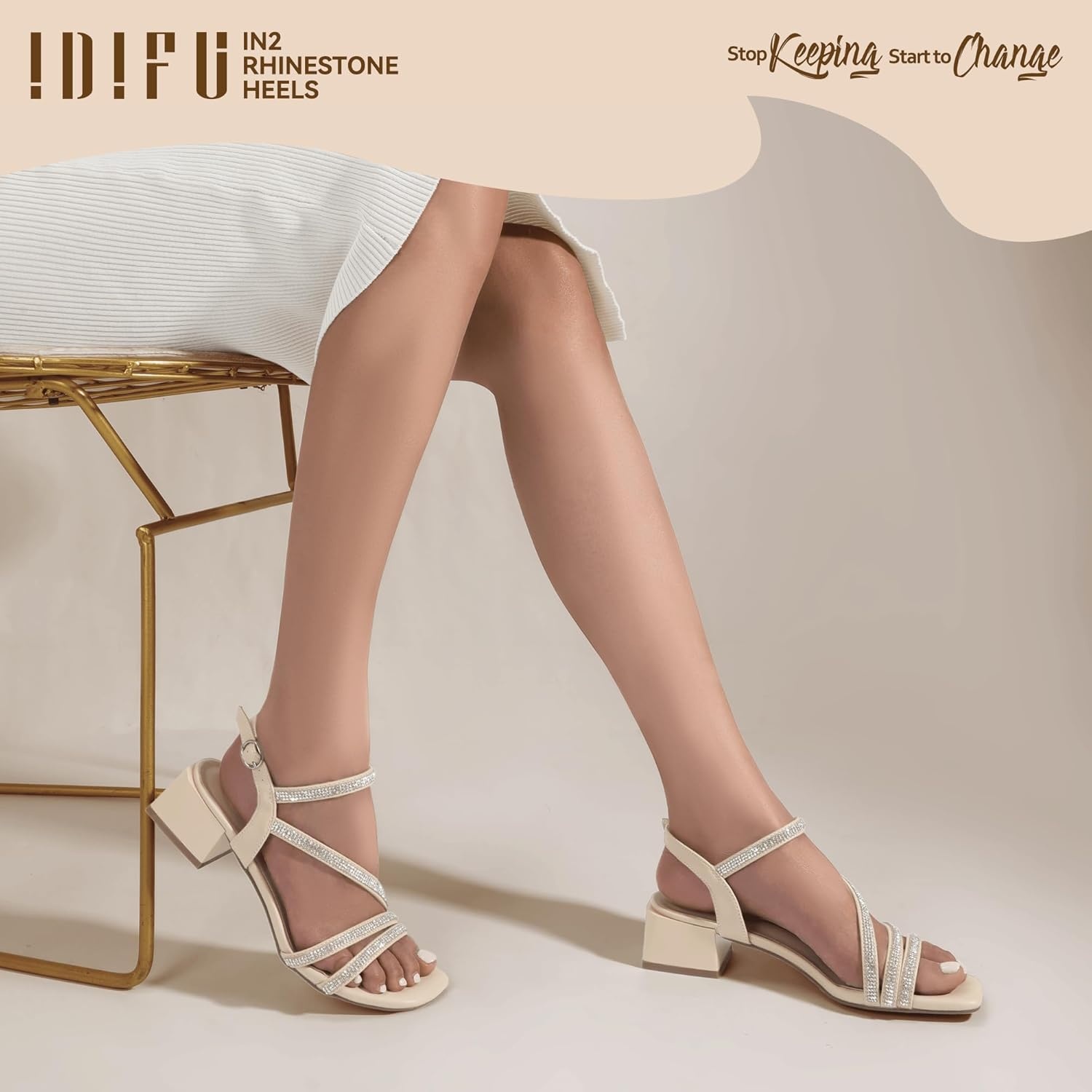 image:imageIDIFU IN2 Rhinestone Low Heels for Women Sparkly Dressy Block Short Strappy Square Open Toe Chunky Heeled Sandals Prom Wedding Bride Party Dress Shoes Comfortable Bling Thick HeelsBeige Pu Rhinestone