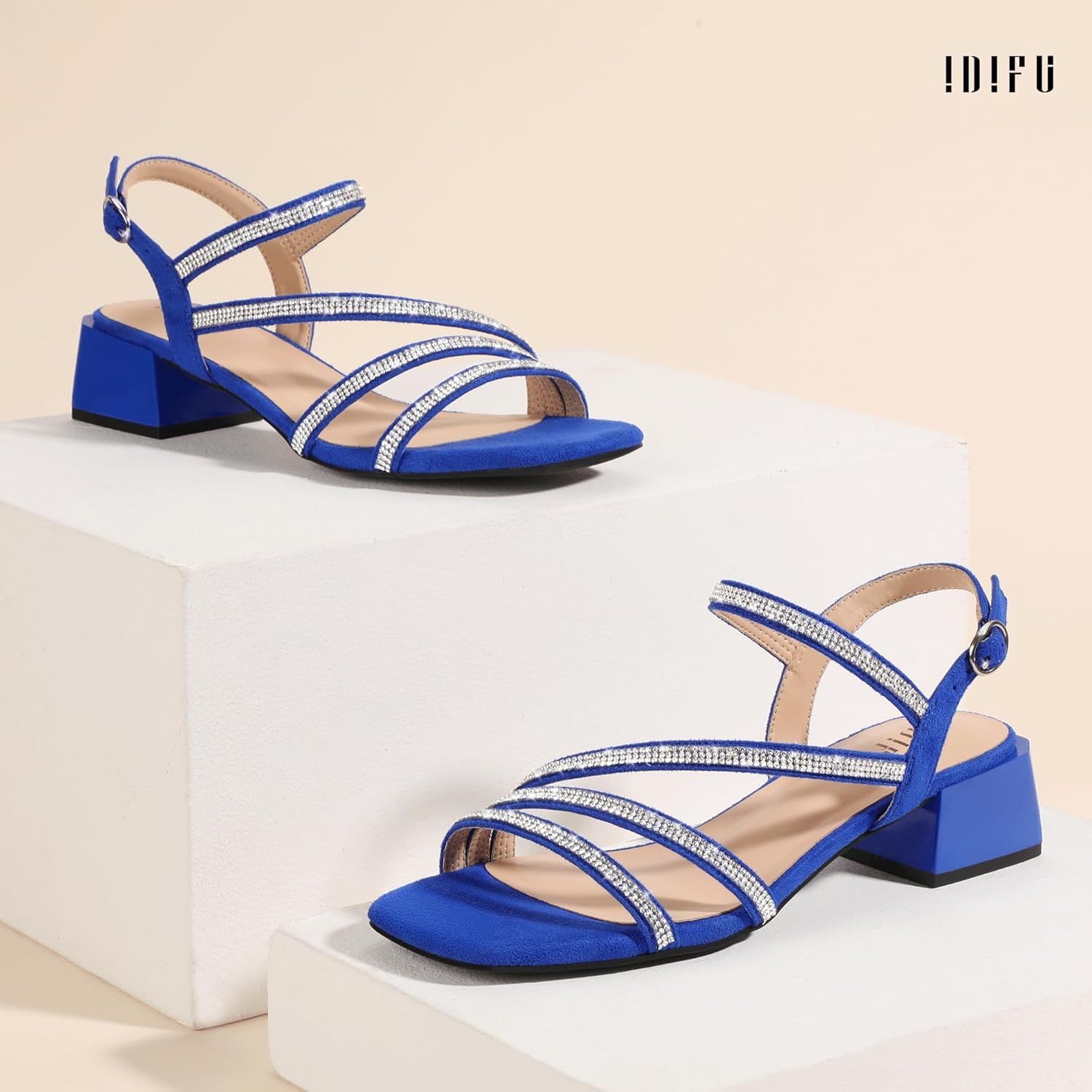 image:imageIDIFU IN2 Rhinestone Low Heels for Women Sparkly Dressy Block Short Strappy Square Open Toe Chunky Heeled Sandals Prom Wedding Bride Party Dress Shoes Comfortable Bling Thick HeelsRoyal Blue Rhinestone