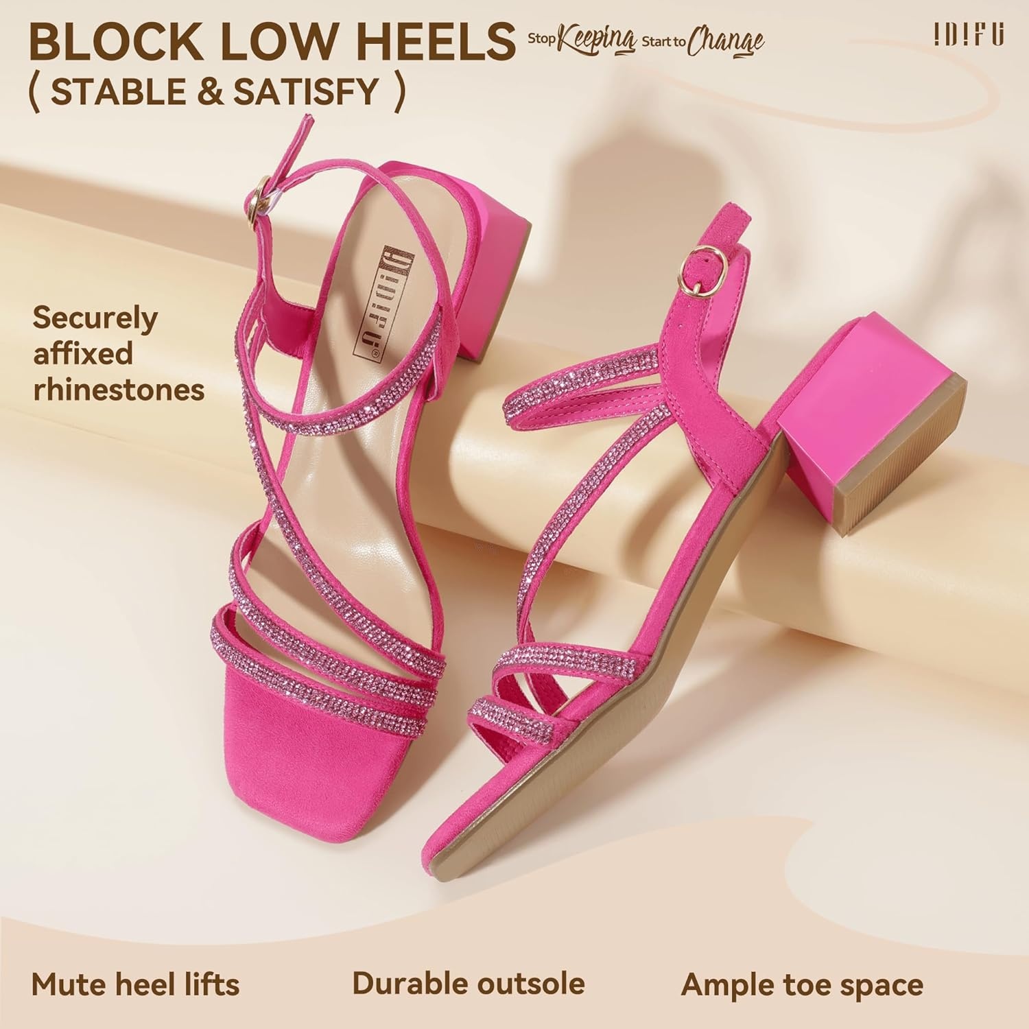 image:imageIDIFU IN2 Rhinestone Low Heels for Women Sparkly Dressy Block Short Strappy Square Open Toe Chunky Heeled Sandals Prom Wedding Bride Party Dress Shoes Comfortable Bling Thick HeelsHot Pink Rhinestone