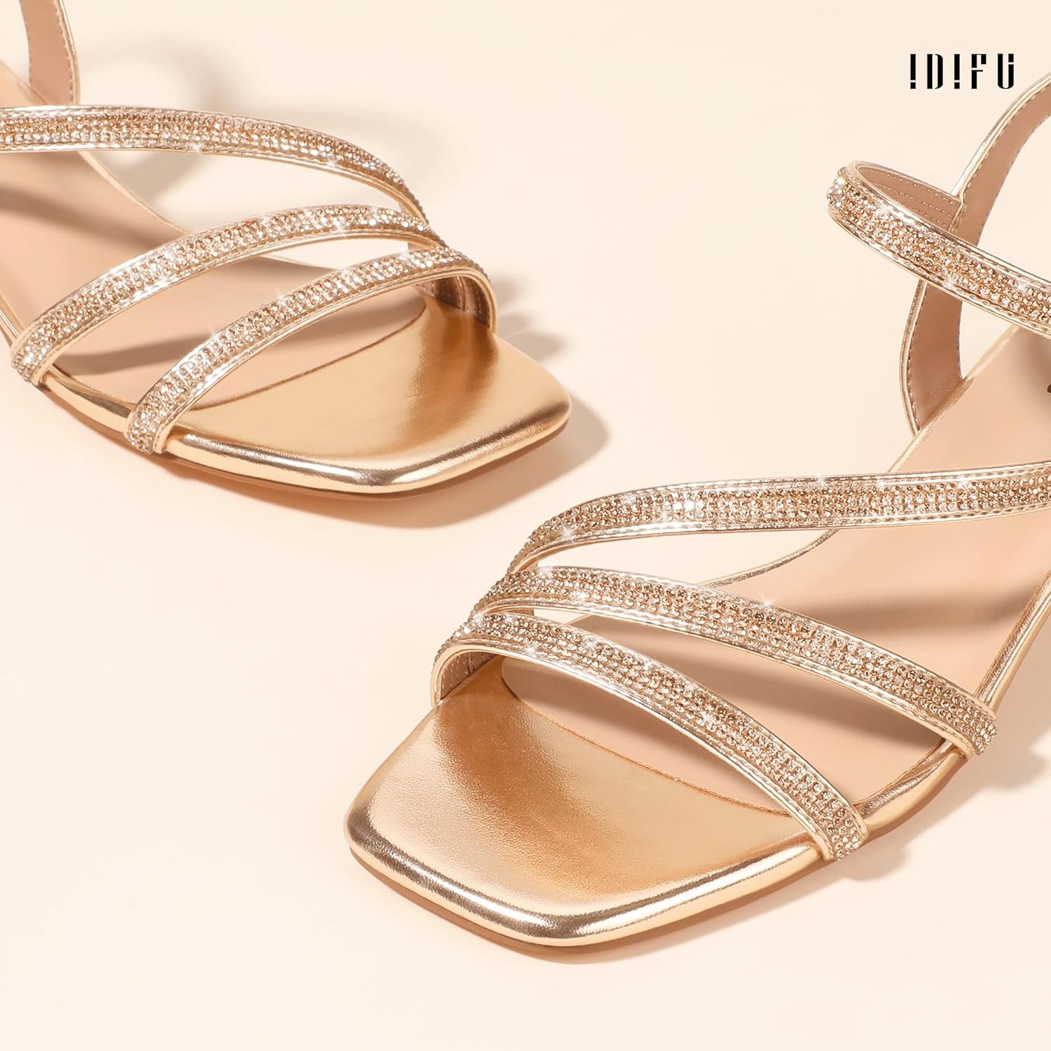 image:imageIDIFU IN2 Rhinestone Low Heels for Women Sparkly Dressy Block Short Strappy Square Open Toe Chunky Heeled Sandals Prom Wedding Bride Party Dress Shoes Comfortable Bling Thick HeelsRose Gold Rhinestone