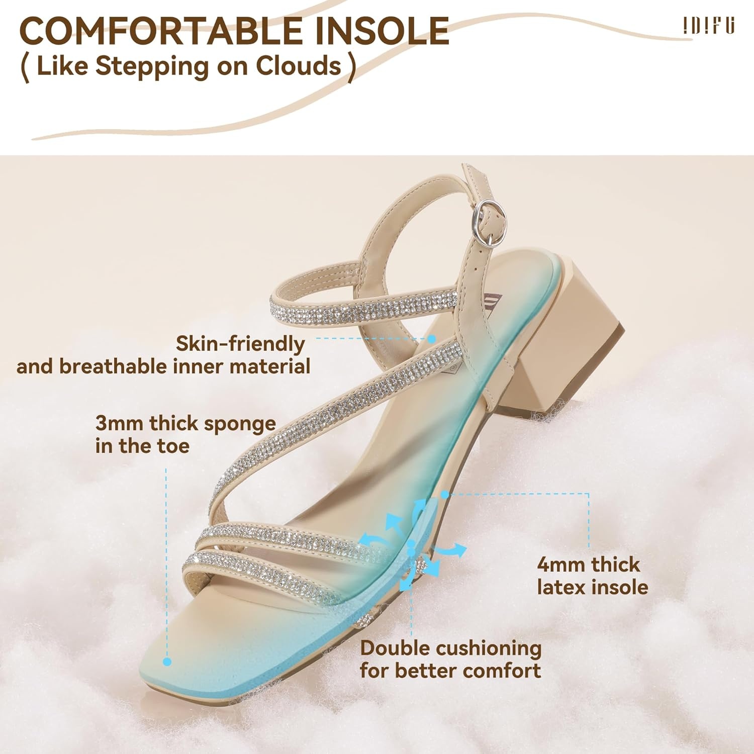 image:imageIDIFU IN2 Rhinestone Low Heels for Women Sparkly Dressy Block Short Strappy Square Open Toe Chunky Heeled Sandals Prom Wedding Bride Party Dress Shoes Comfortable Bling Thick HeelsBeige Pu Rhinestone